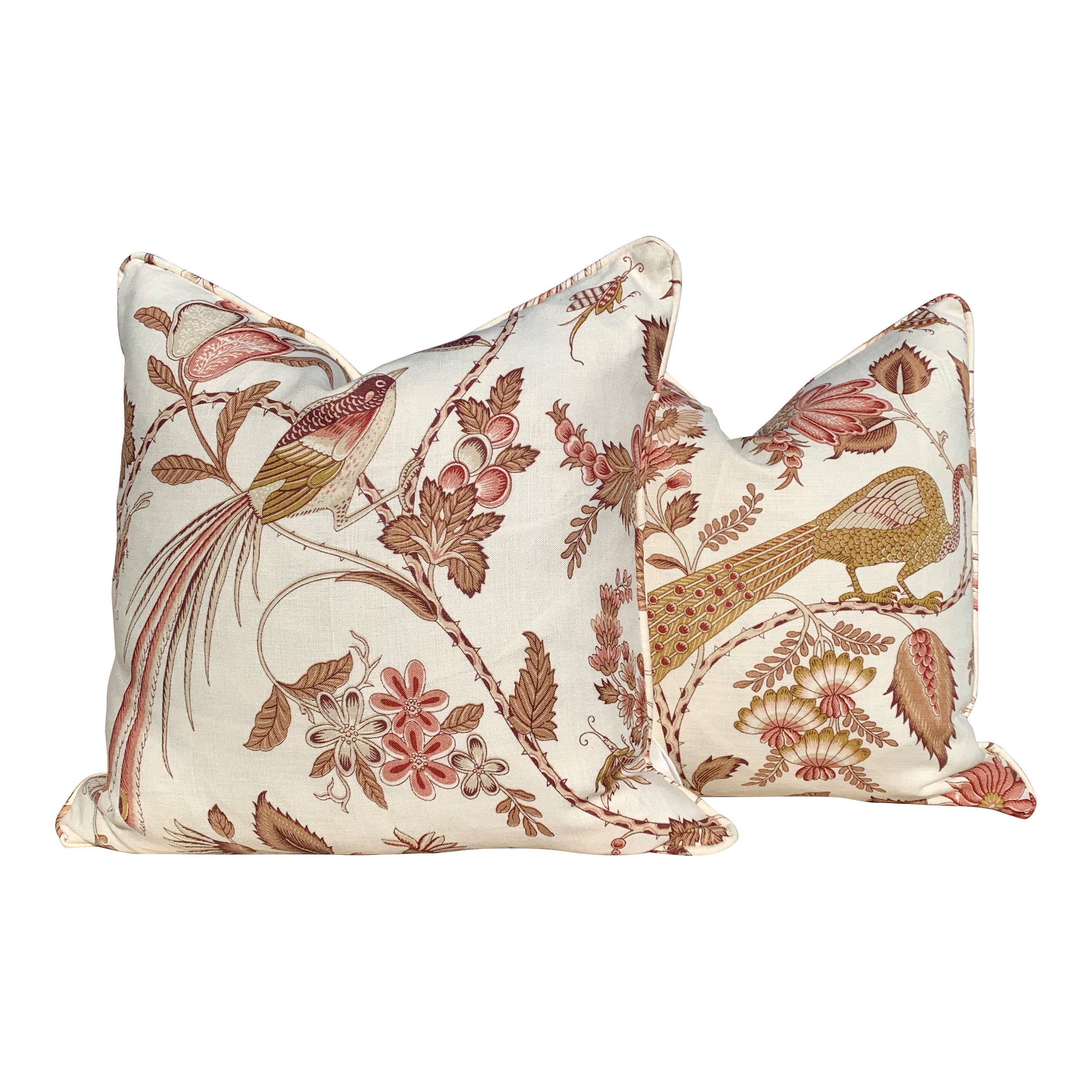 Peacock Rose Gold Pillow. Bird Lumbar Pillow, Rose Floral Pillow, Gold Pillow Cover, Euro Sham 26x26, Chinoiserie Pillow