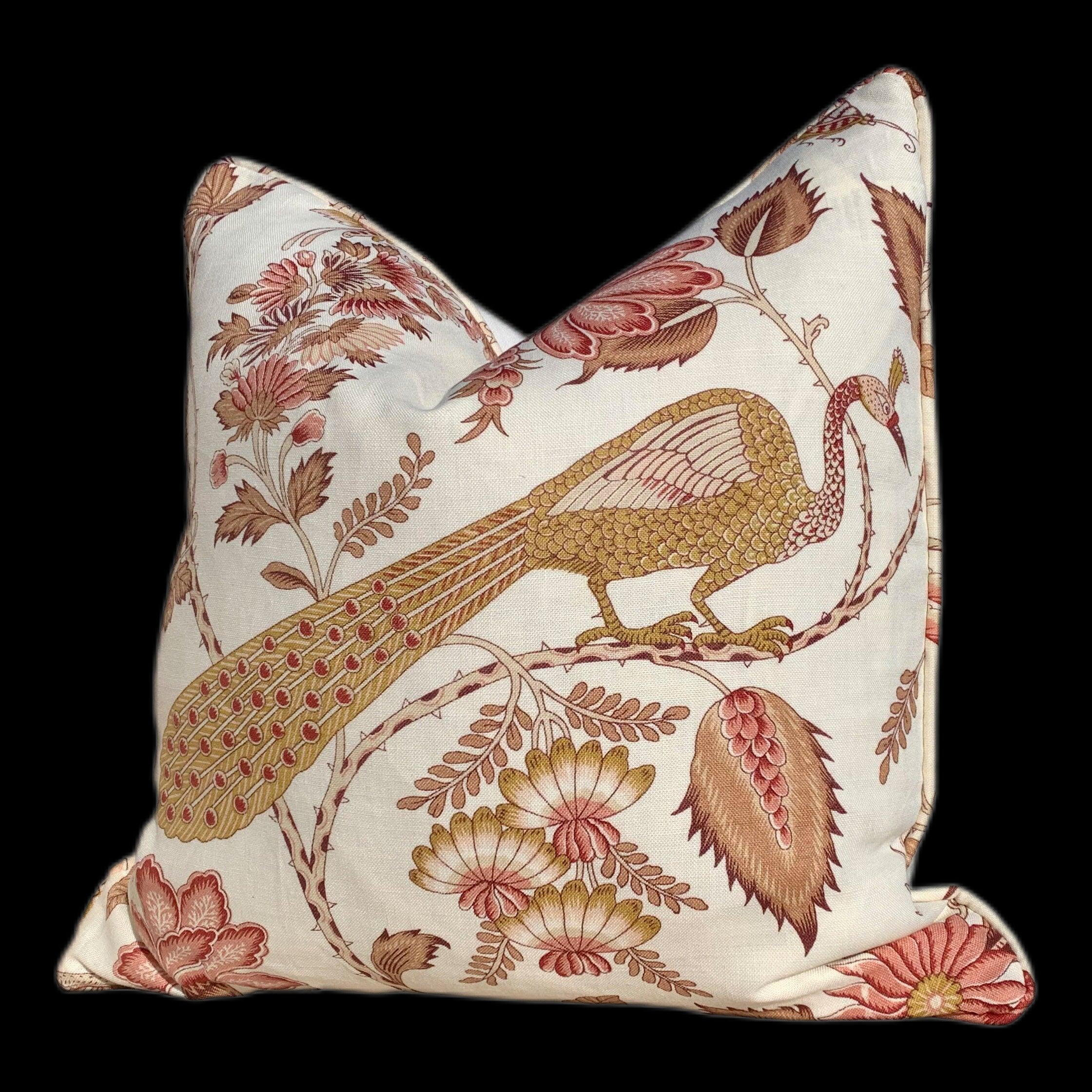 Peacock Rose Gold Pillow. Bird Lumbar Pillow, Rose Floral Pillow, Gold Pillow Cover, Euro Sham 26x26, Chinoiserie Pillow