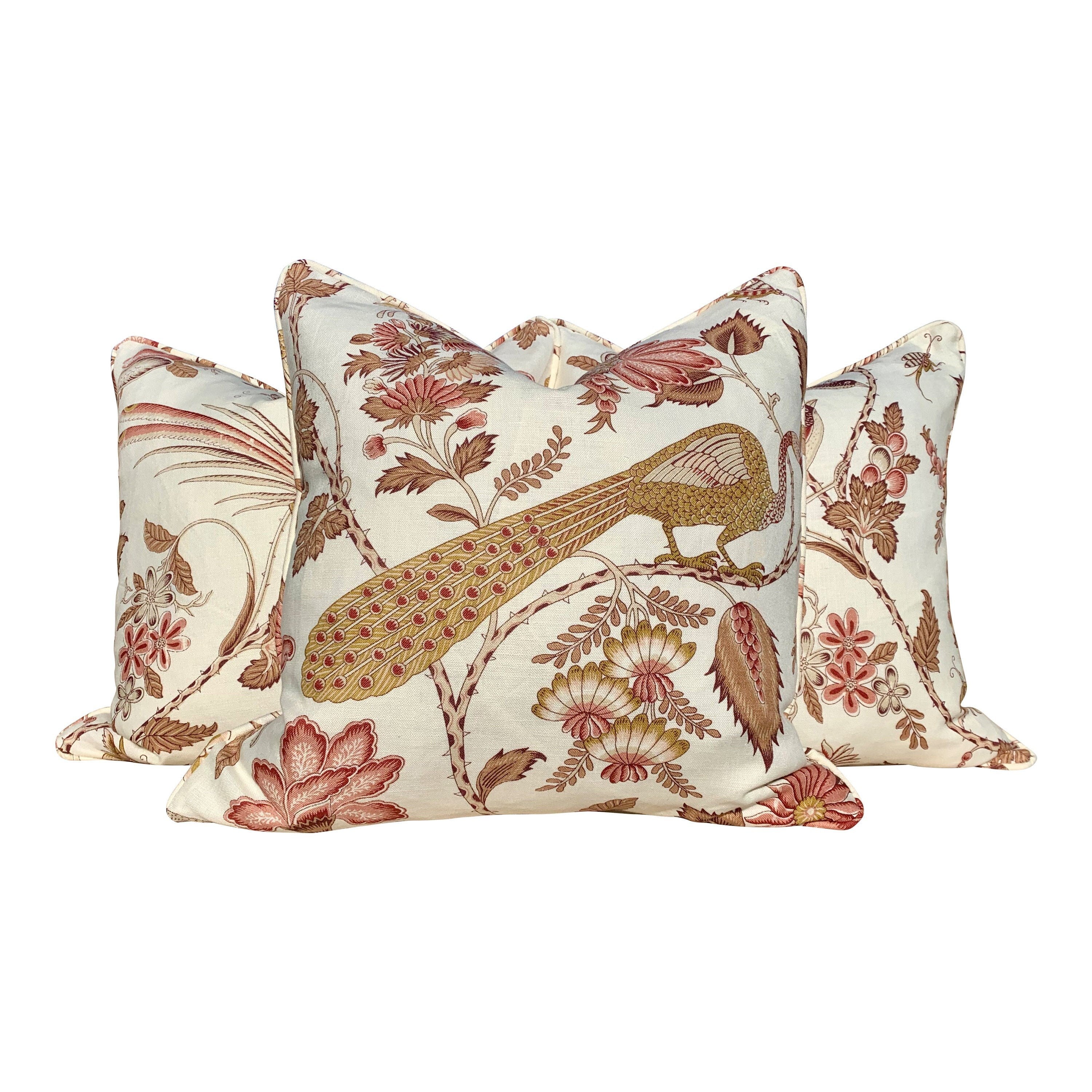 Peacock Rose Gold Pillow. Bird Lumbar Pillow, Rose Floral Pillow, Gold Pillow Cover, Euro Sham 26x26, Chinoiserie Pillow