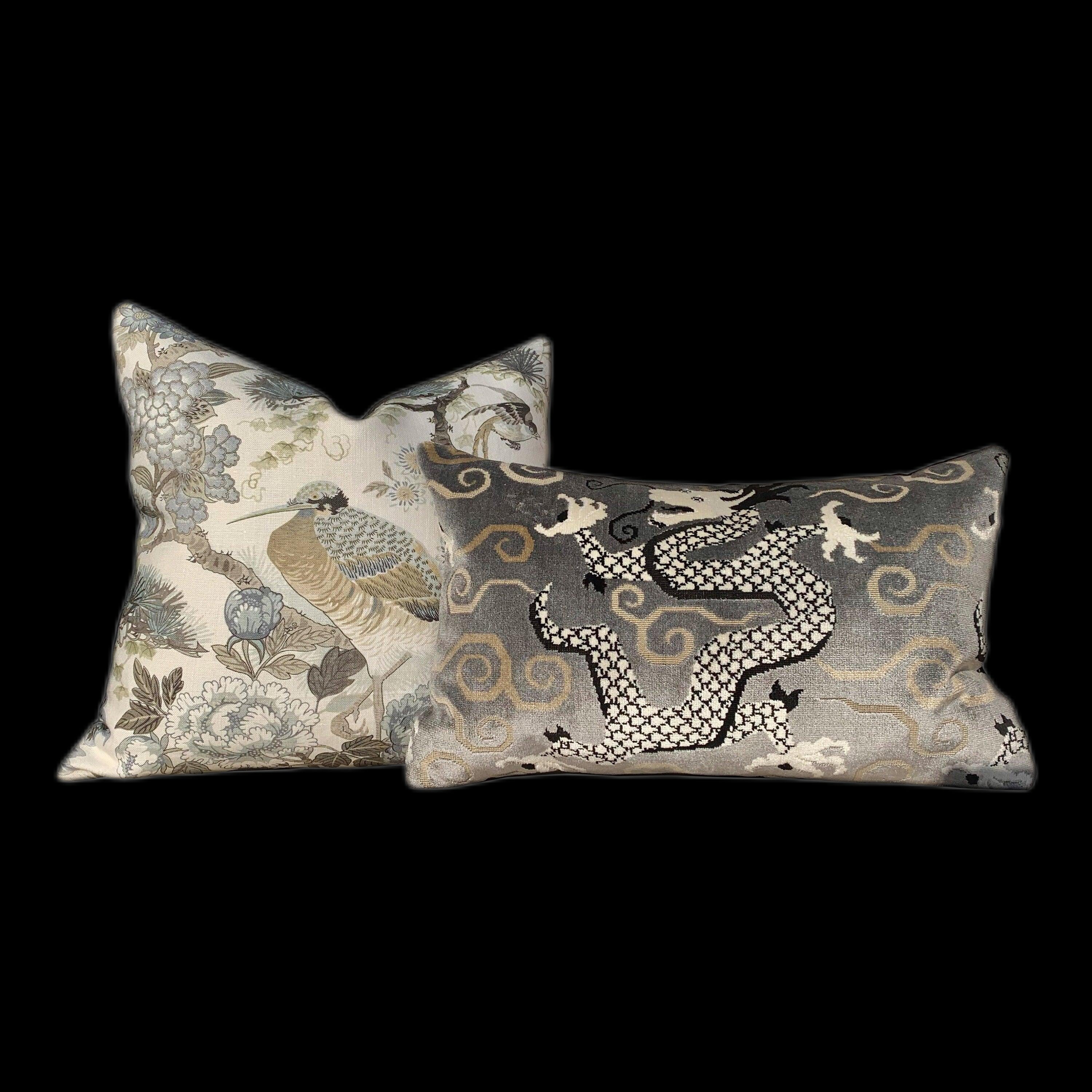Schumacher Bixi Velvet Lumbar Pillow in Smoke. Dragon Velvet Pillow.