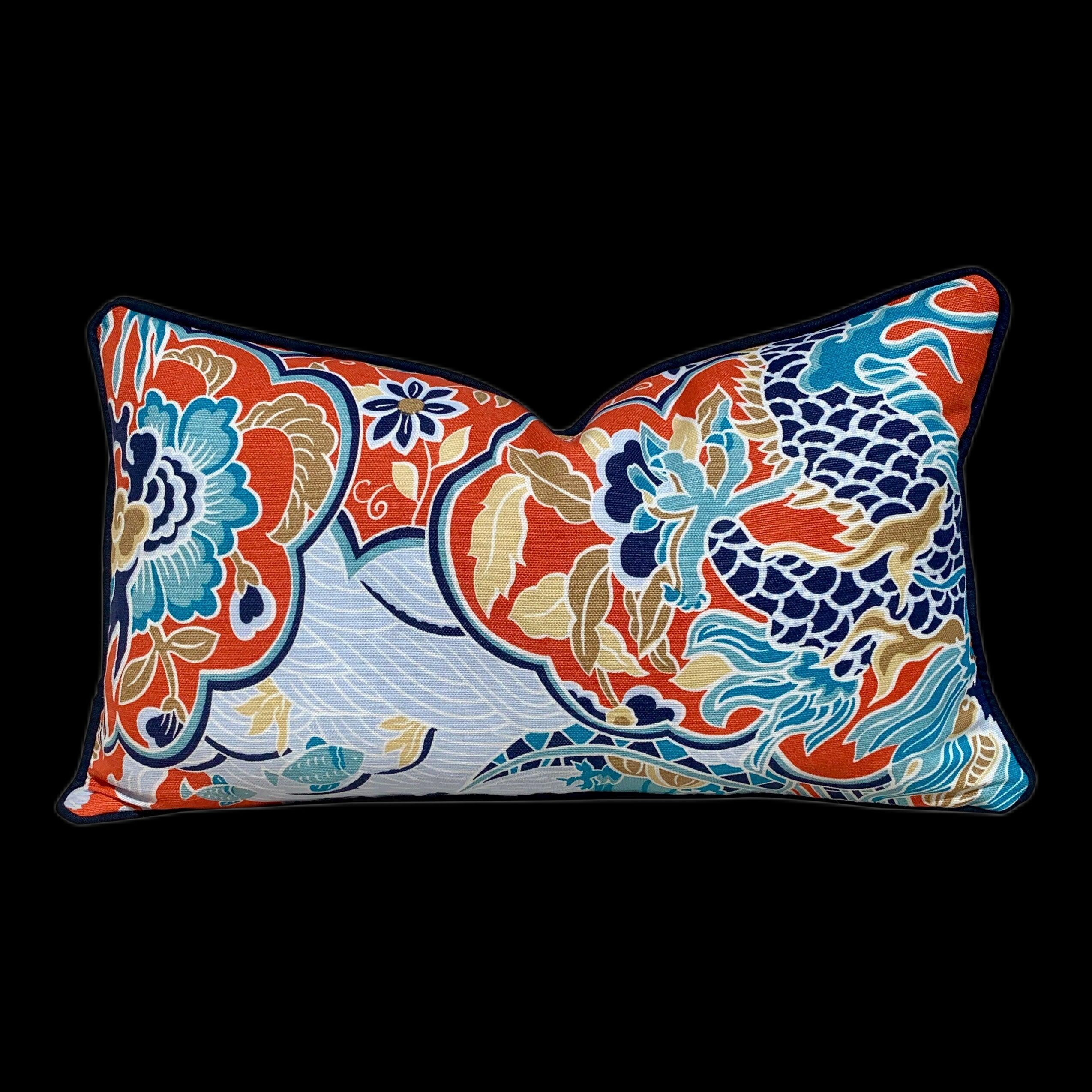 Thibaut Imperial Dragon Pillow in Orange and Turquoise. Decorative Lumbar Pillow