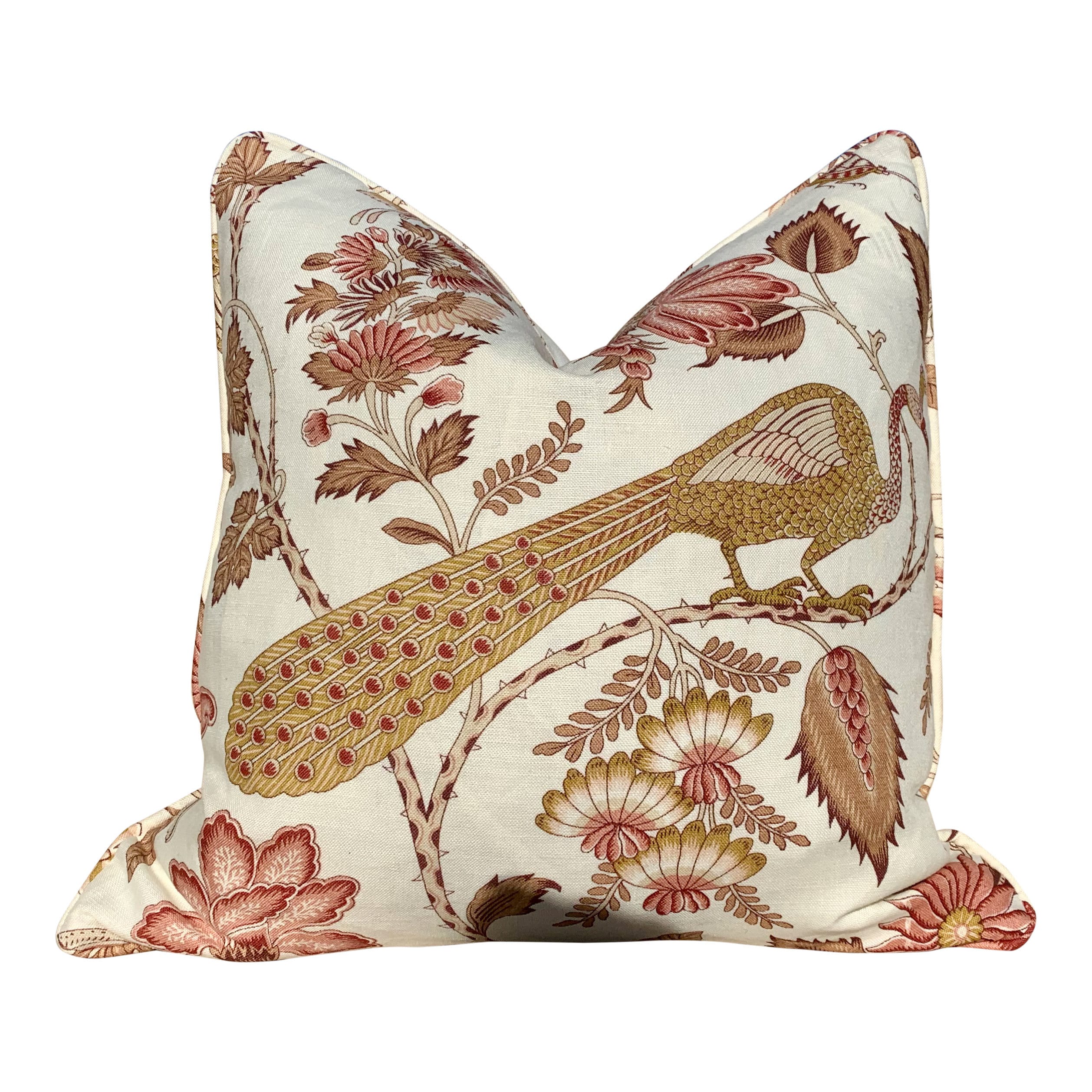 Peacock Rose Gold Pillow. Bird Lumbar Pillow, Rose Floral Pillow, Gold Pillow Cover, Euro Sham 26x26, Chinoiserie Pillow