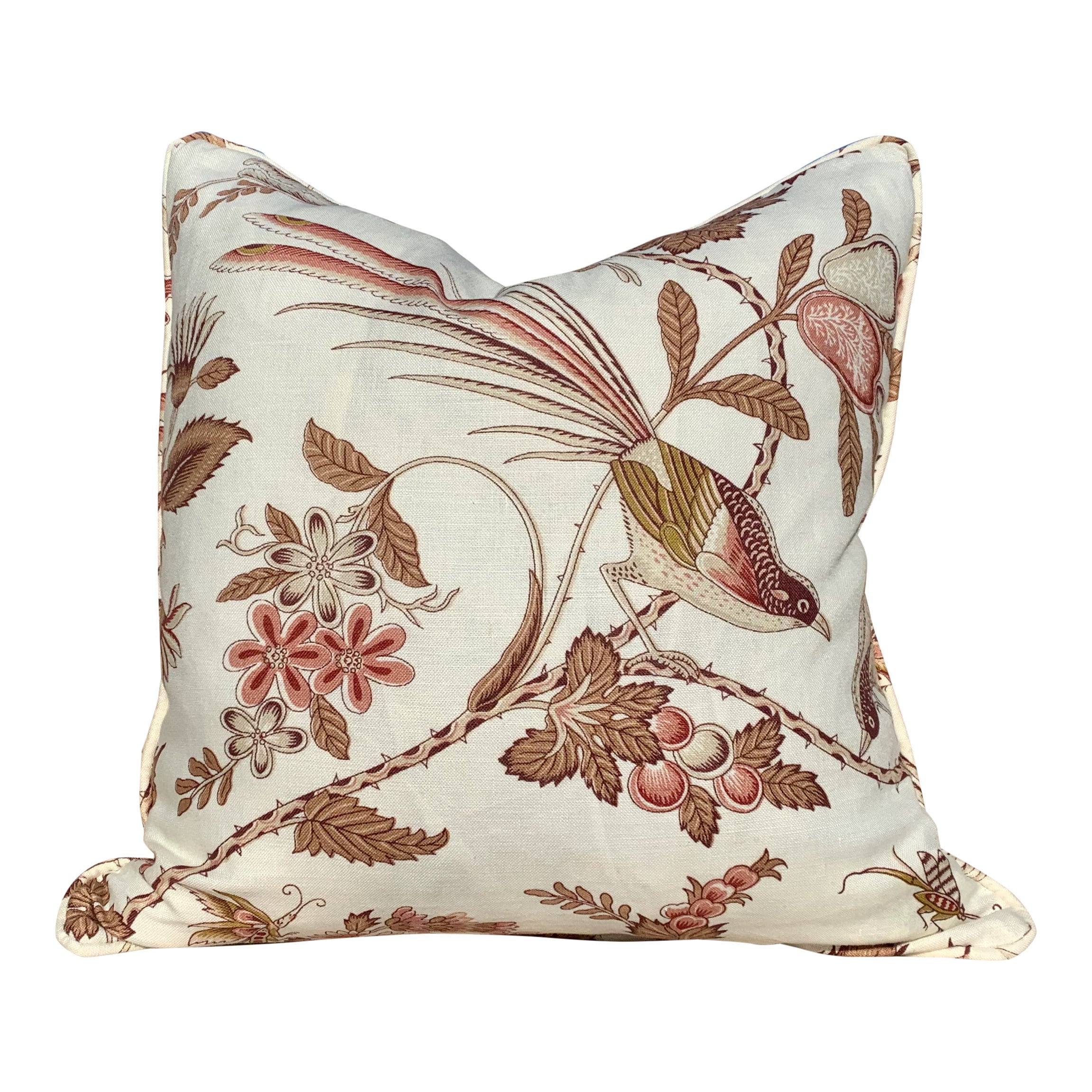 Peacock Rose Gold Pillow. Bird Lumbar Pillow, Rose Floral Pillow, Gold Pillow Cover, Euro Sham 26x26, Chinoiserie Pillow