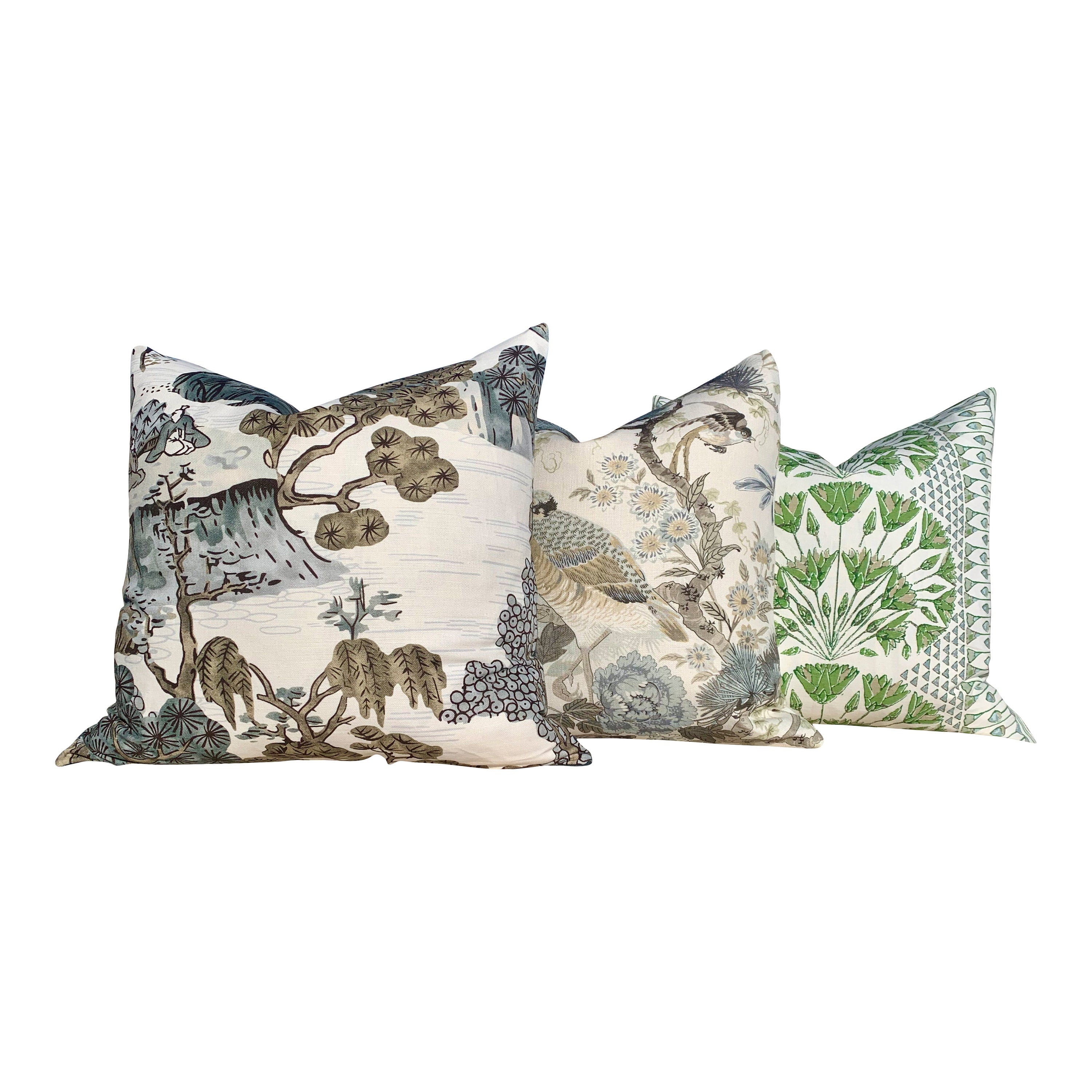 Thibaut "Asian Scenic" Pillow In Gray. Chinoiserie Lumbar Decorative Pillow in Gray.