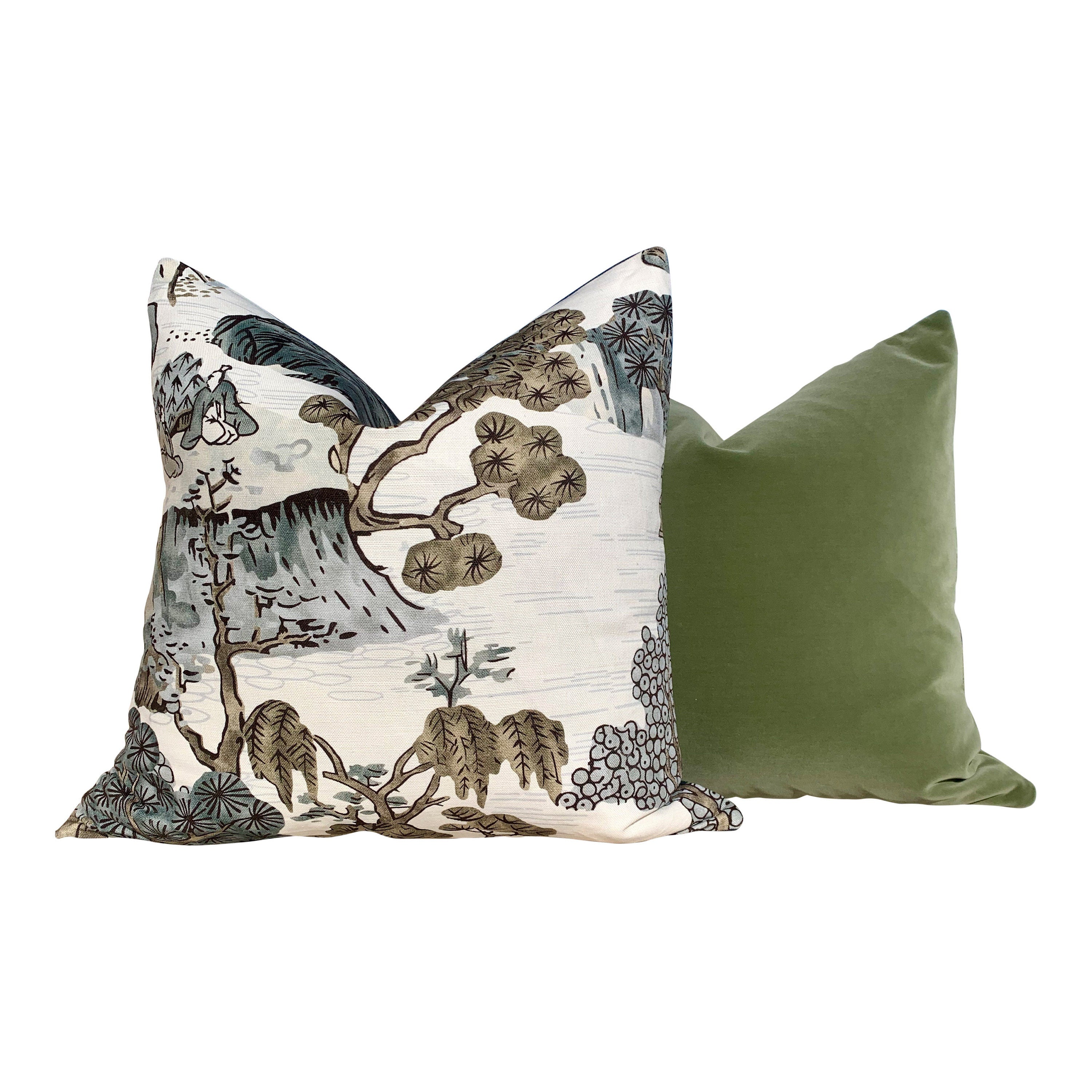 Thibaut "Asian Scenic" Pillow In Gray. Chinoiserie Lumbar Decorative Pillow in Gray.