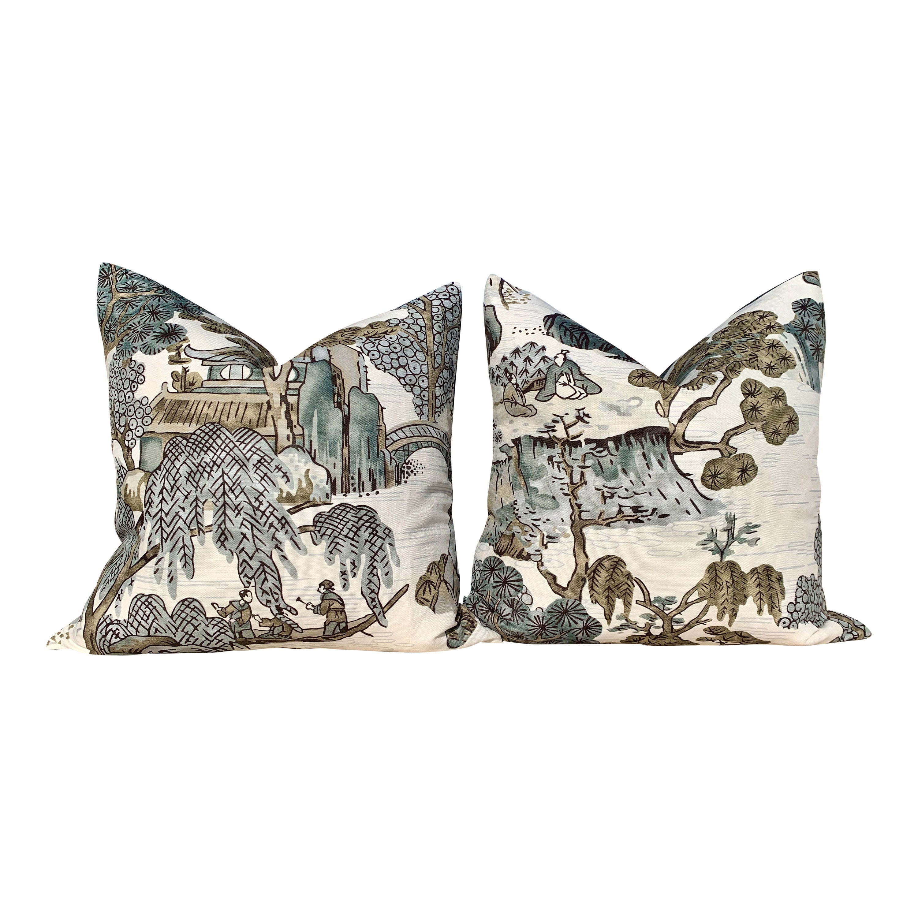 Thibaut "Asian Scenic" Pillow In Gray. Chinoiserie Lumbar Decorative Pillow in Gray.