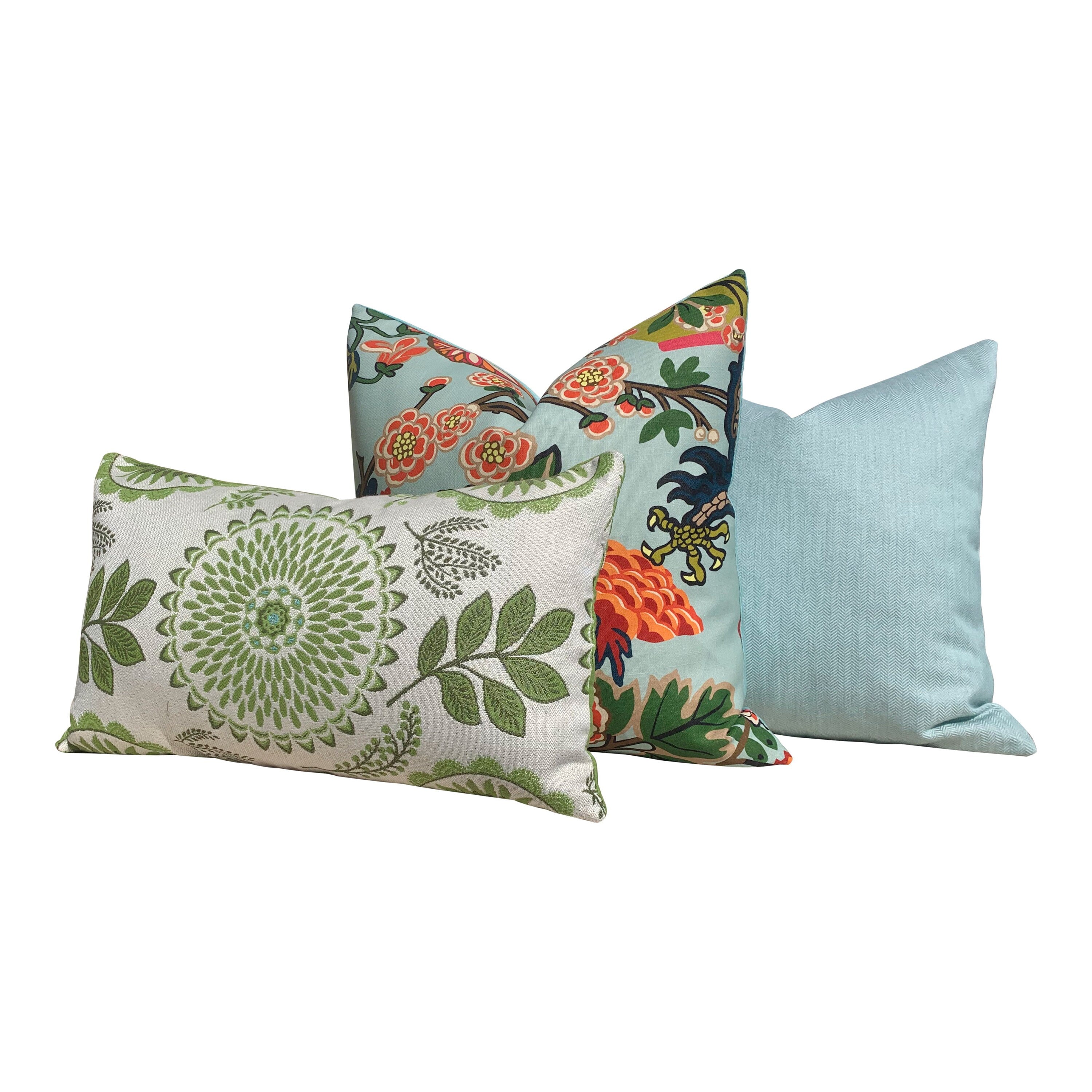 Outdoor Chiang Mai Dragon Pillow in Aquamarine, Schumacher Chinoiserie Pillow Lumbar Aqua Coral Pillow, Polyester Outdoor Pillow Cover