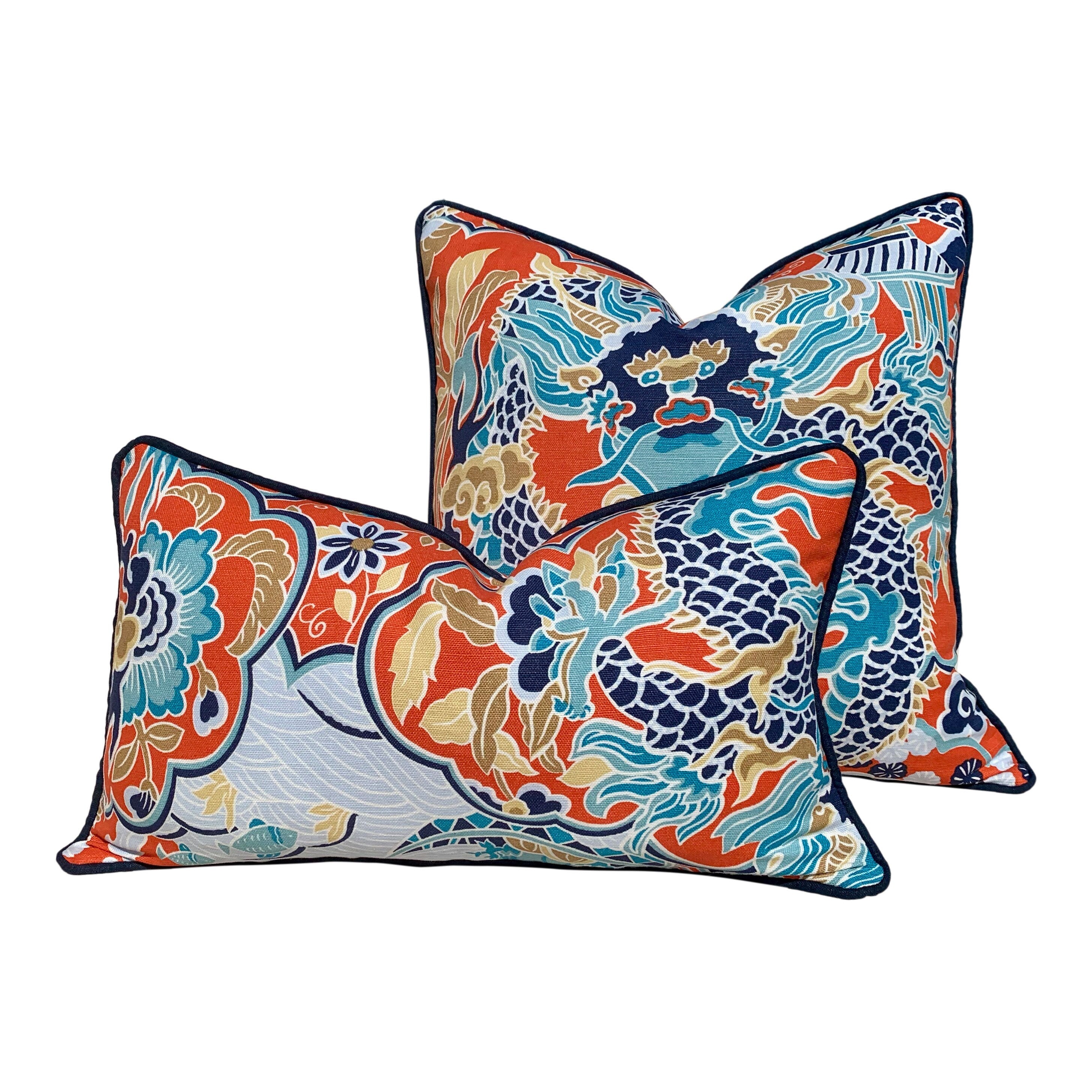 Thibaut Imperial Dragon Pillow in Orange and Turquoise. Decorative Lumbar Pillow