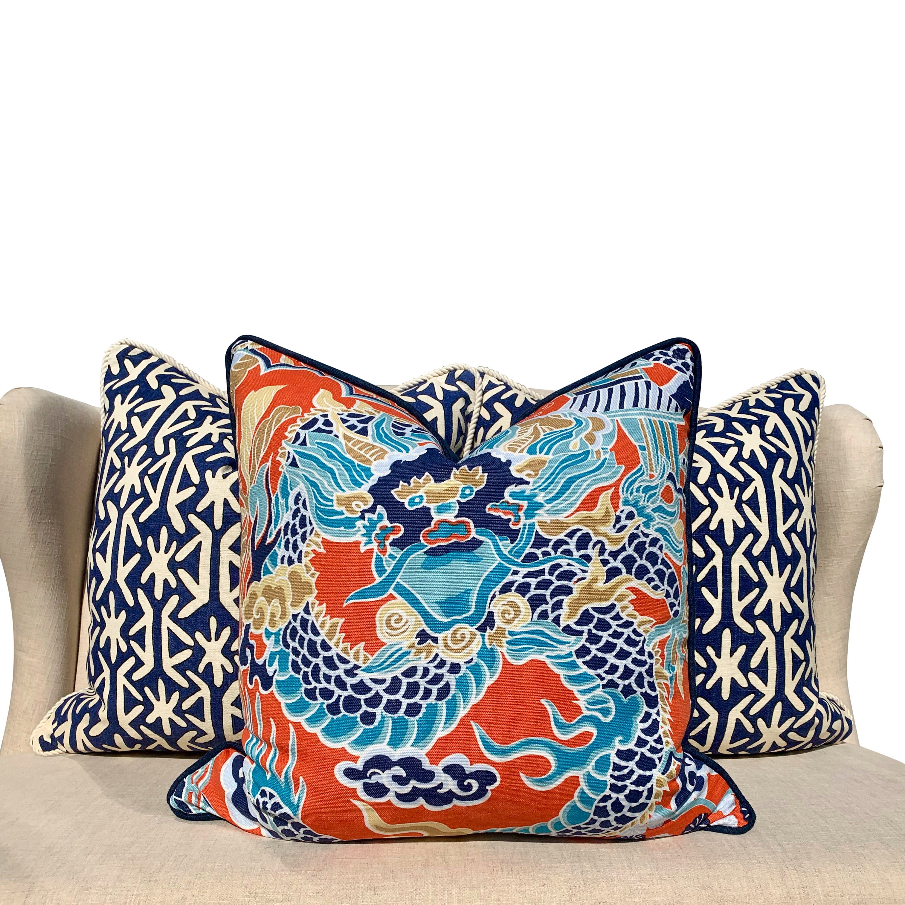 Thibaut Imperial Dragon Pillow in Orange and Turquoise. Decorative Lumbar Pillow
