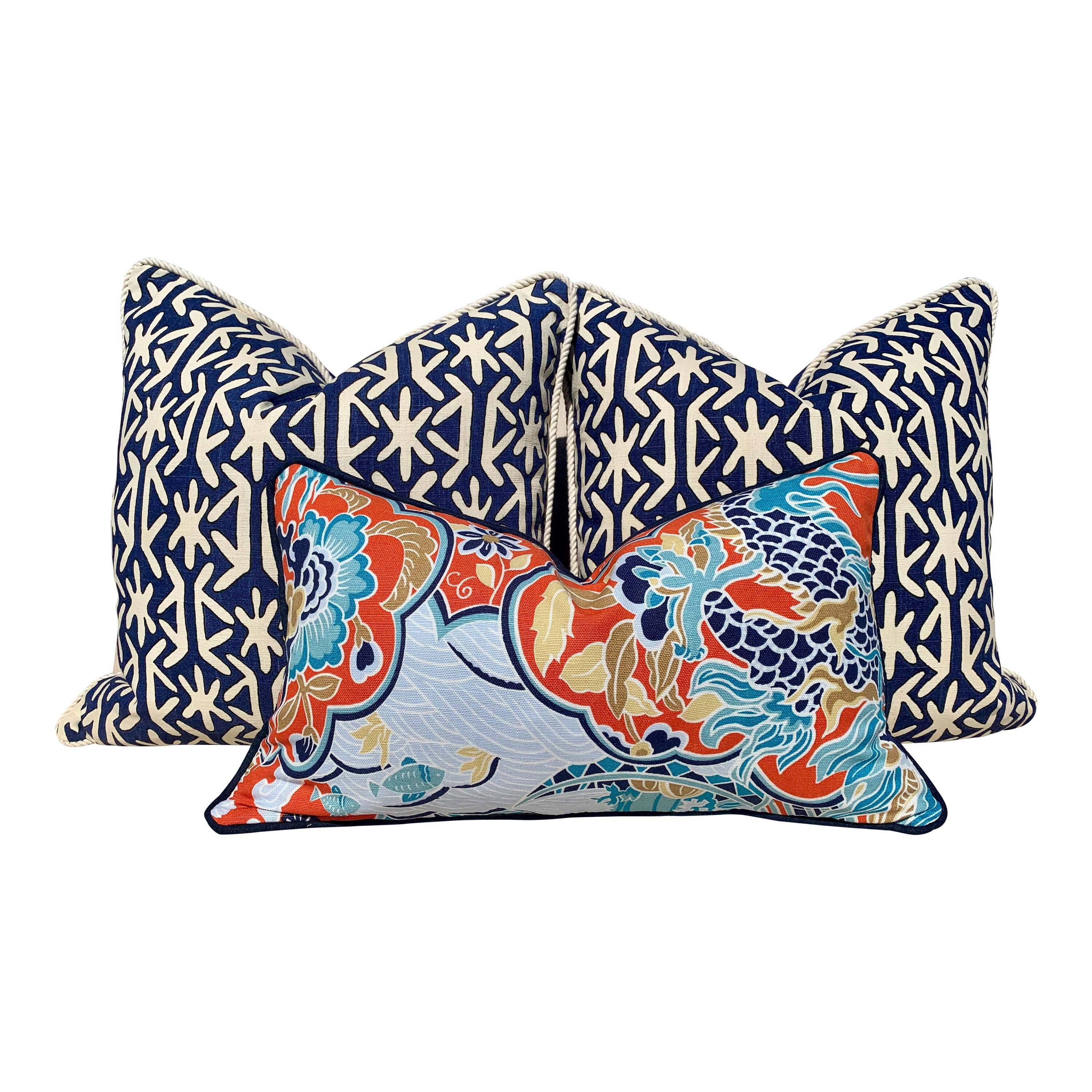 Thibaut Imperial Dragon Pillow in Orange and Turquoise. Decorative Lumbar Pillow