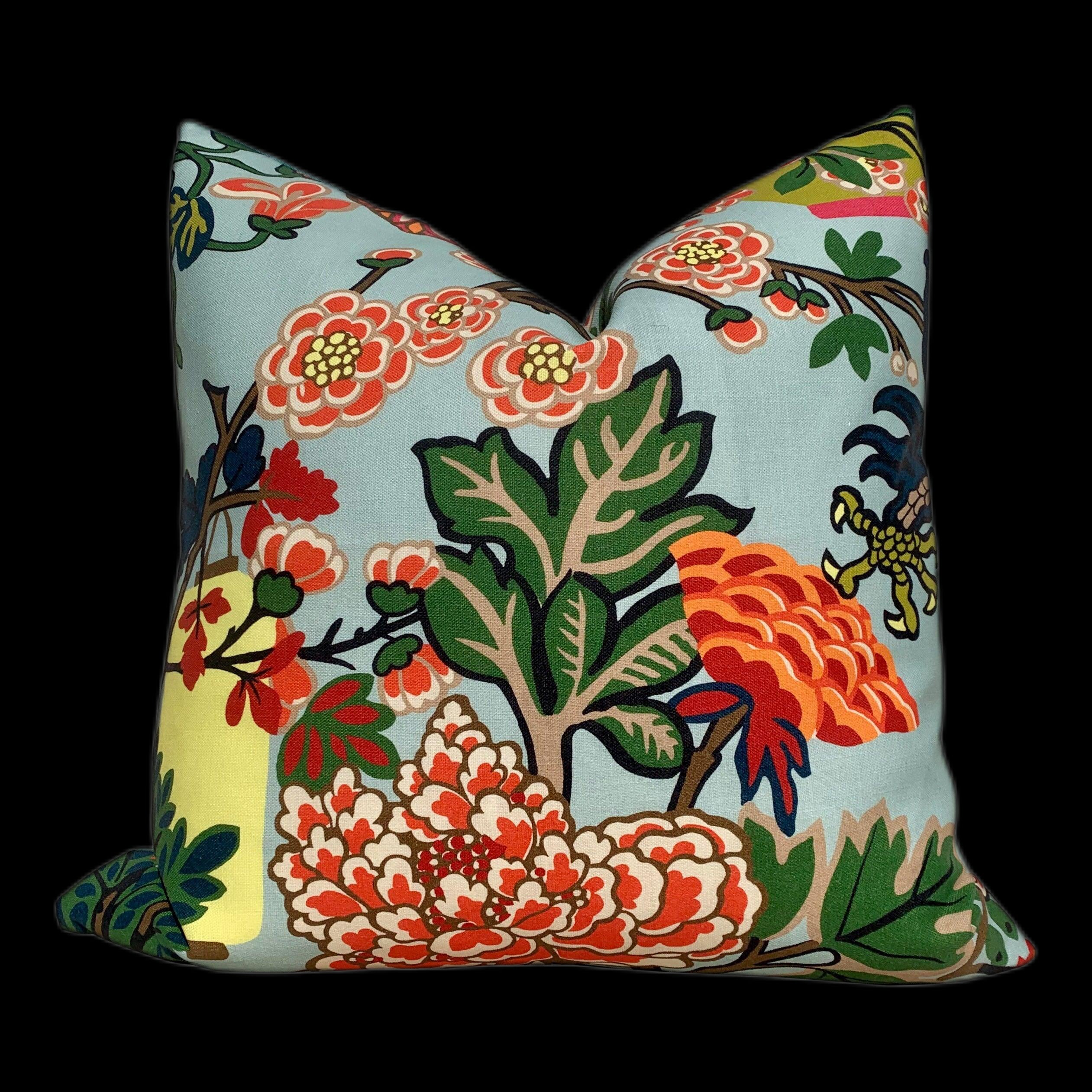 Outdoor Chiang Mai Dragon Pillow in Aquamarine, Schumacher Chinoiserie Pillow Lumbar Aqua Coral Pillow, Polyester Outdoor Pillow Cover