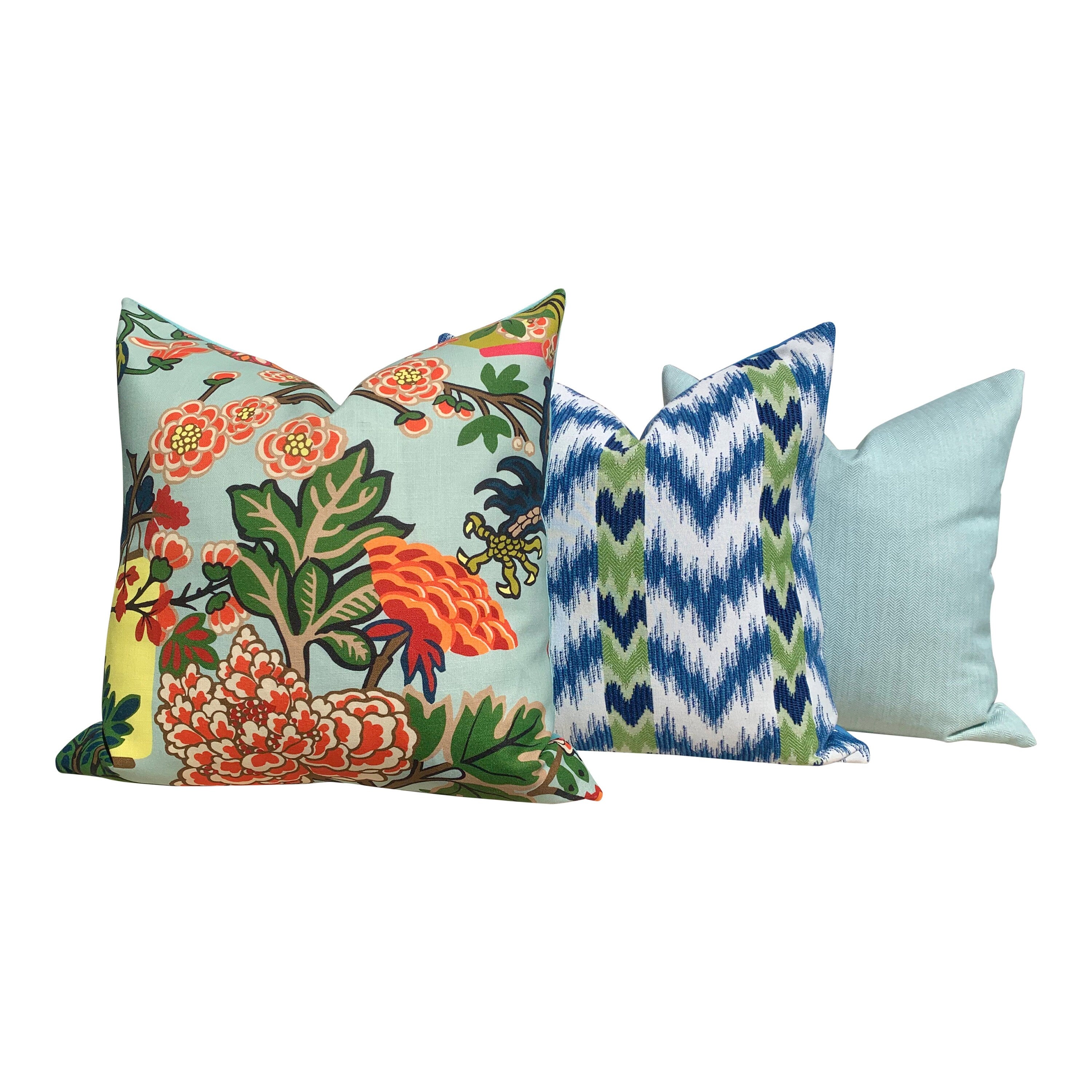 Outdoor Chiang Mai Dragon Pillow in Aquamarine, Schumacher Chinoiserie Pillow Lumbar Aqua Coral Pillow, Polyester Outdoor Pillow Cover