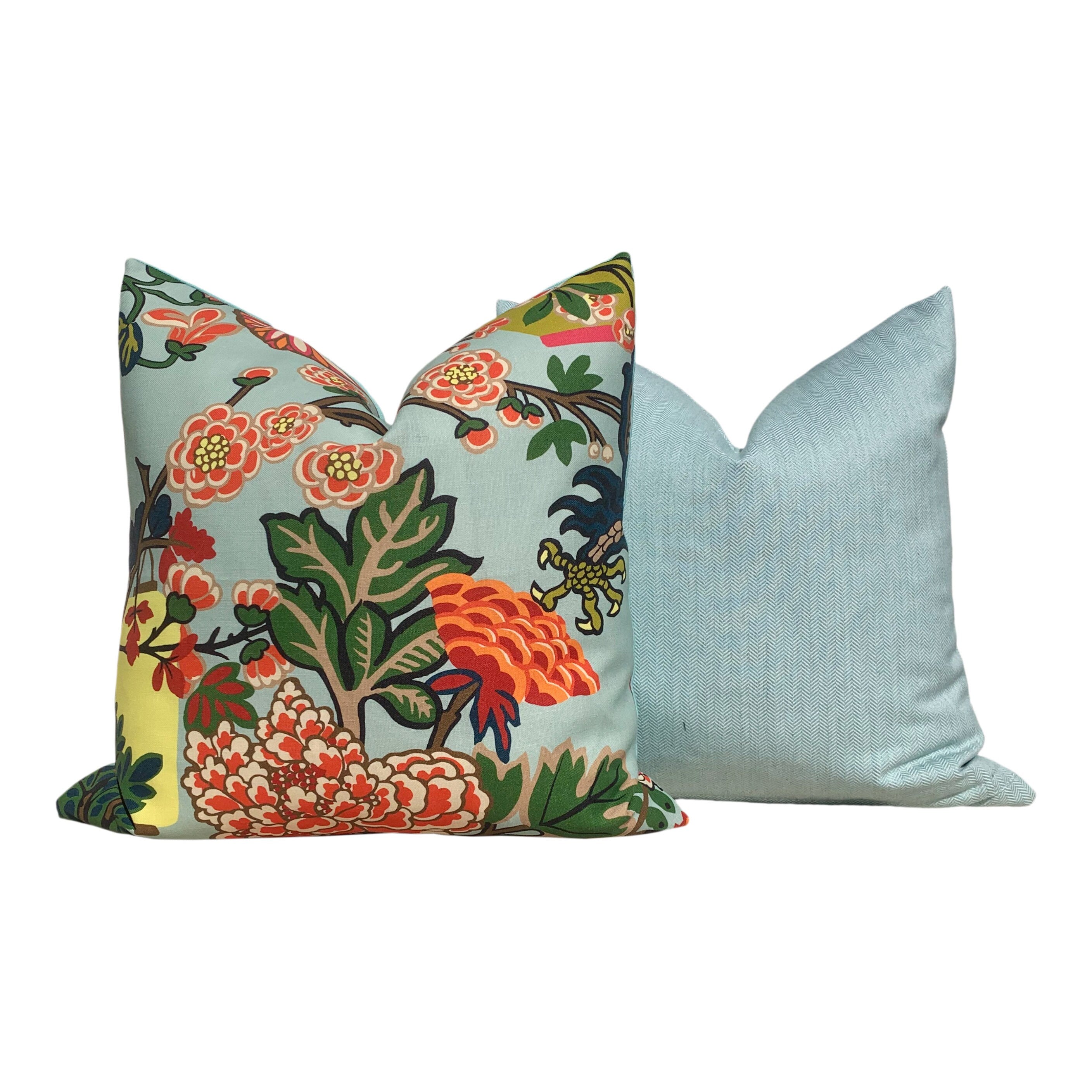 Outdoor Chiang Mai Dragon Pillow in Aquamarine, Schumacher Chinoiserie Pillow Lumbar Aqua Coral Pillow, Polyester Outdoor Pillow Cover