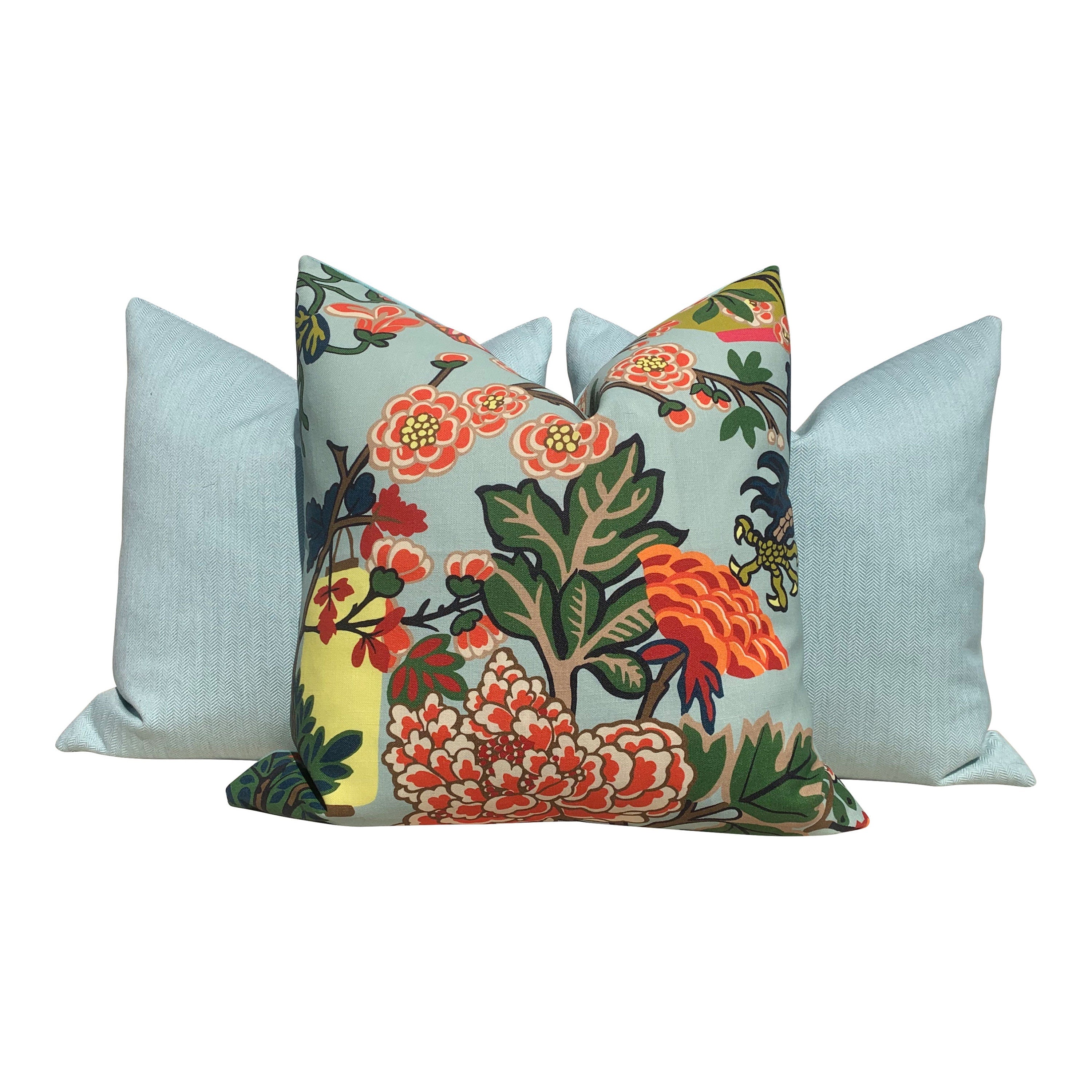 Outdoor Chiang Mai Dragon Pillow in Aquamarine, Schumacher Chinoiserie Pillow Lumbar Aqua Coral Pillow, Polyester Outdoor Pillow Cover