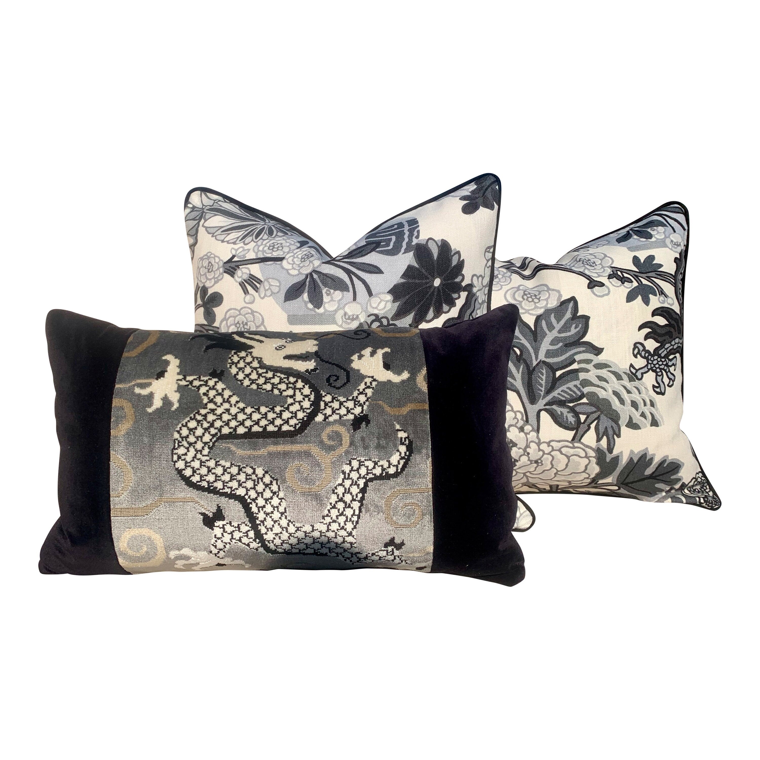 Schumacher Bixi Velvet Pillow Smoke. Velvet Lumbar Pillow // Chinoiserie Pillow // Black Velvet Pillow