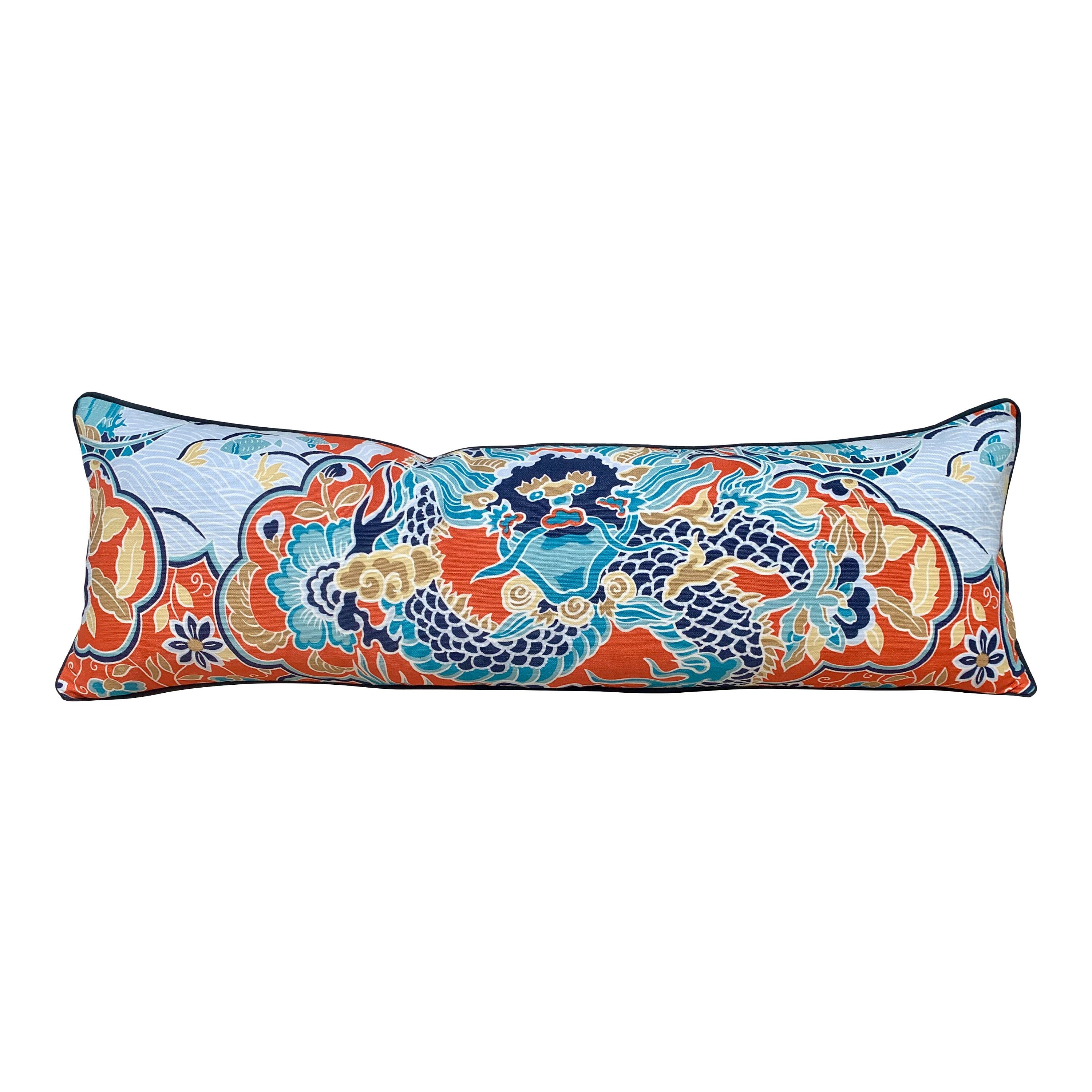 Thibaut Imperial Dragon Pillow in Orange and Turquoise. Decorative Lumbar Pillow