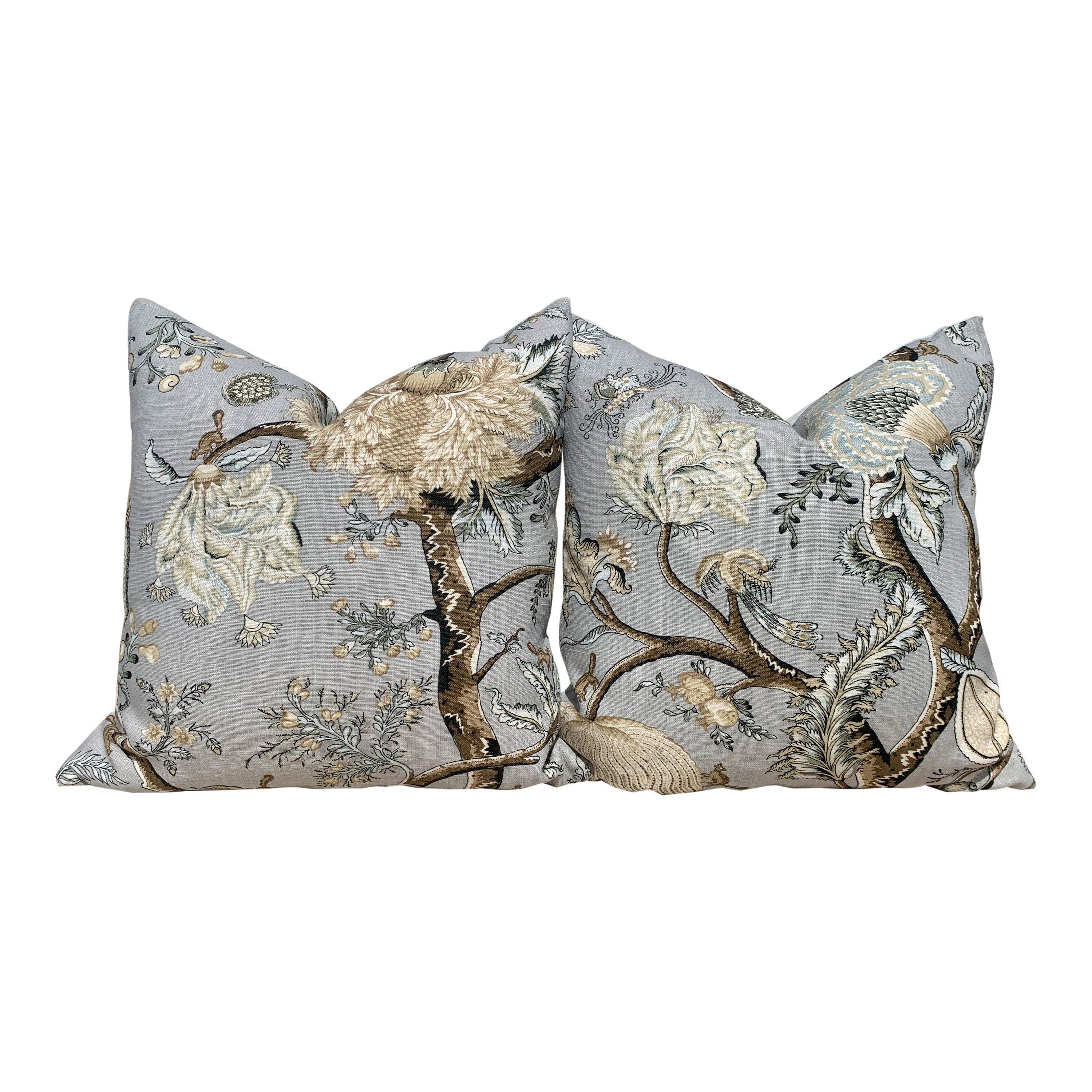 Scalamandre Pondicherry Floral Linen Pillow in Mineral. Lumbar Floral Pillow in Mineral.