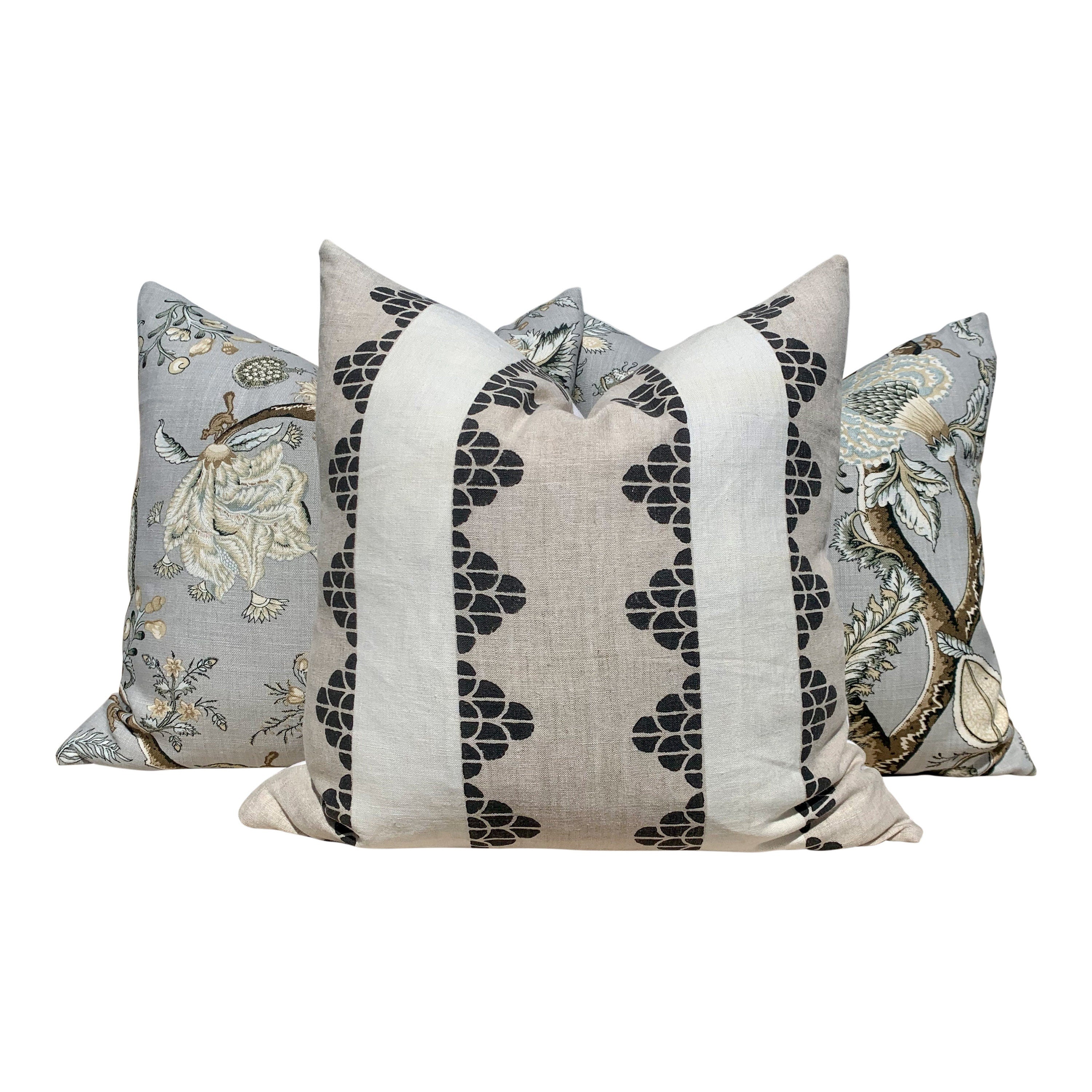 Scalamandre Pondicherry Floral Linen Pillow in Mineral. Lumbar Floral Pillow in Mineral.