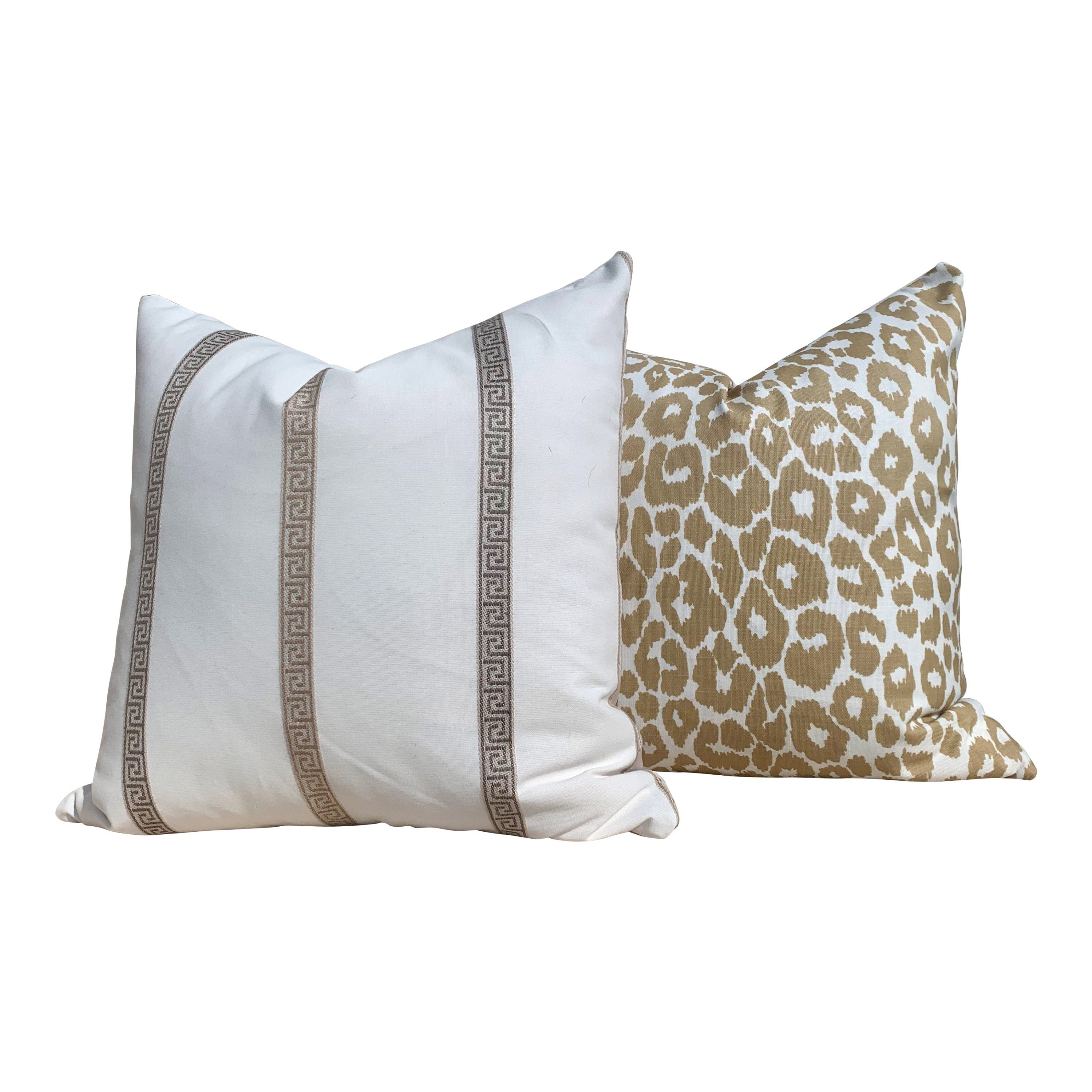 Indoor/Outdoor Schumacher Leopard Pillow in Tan. Animal Print Outdoor lumbar Pillow in Beige.