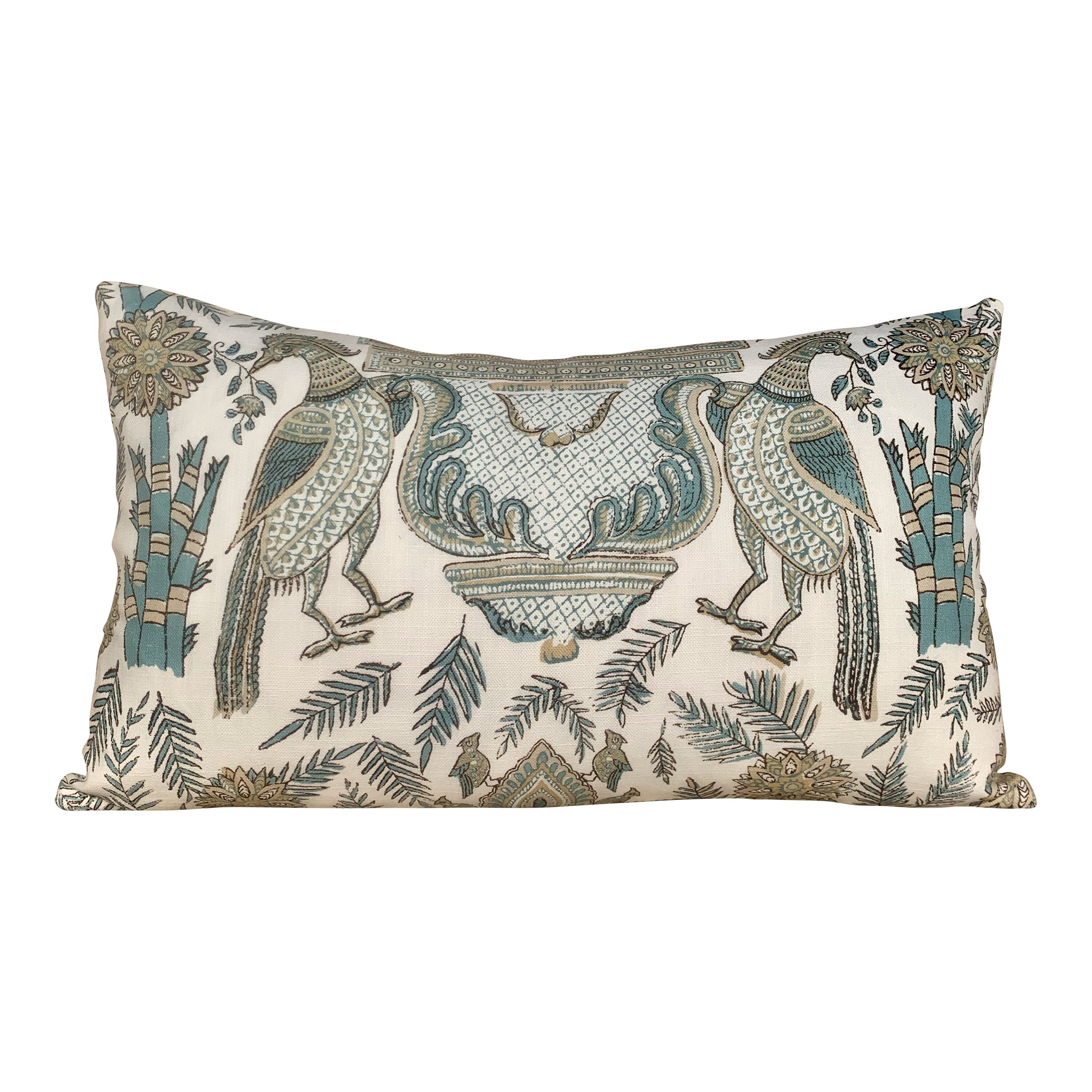 Thibaut Palampore Pillow in Spa and Tan. Lumbar Decorative Bird Pillow.