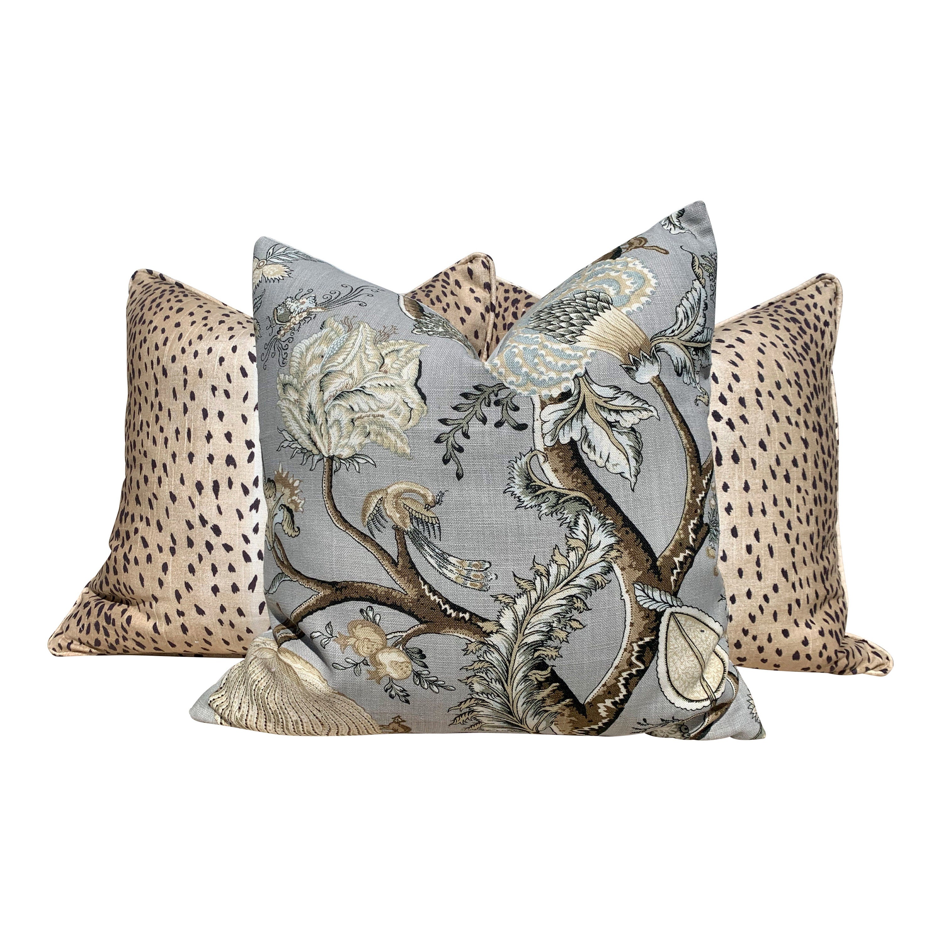 Scalamandre Pondicherry Floral Linen Pillow in Mineral. Lumbar Floral Pillow in Mineral.