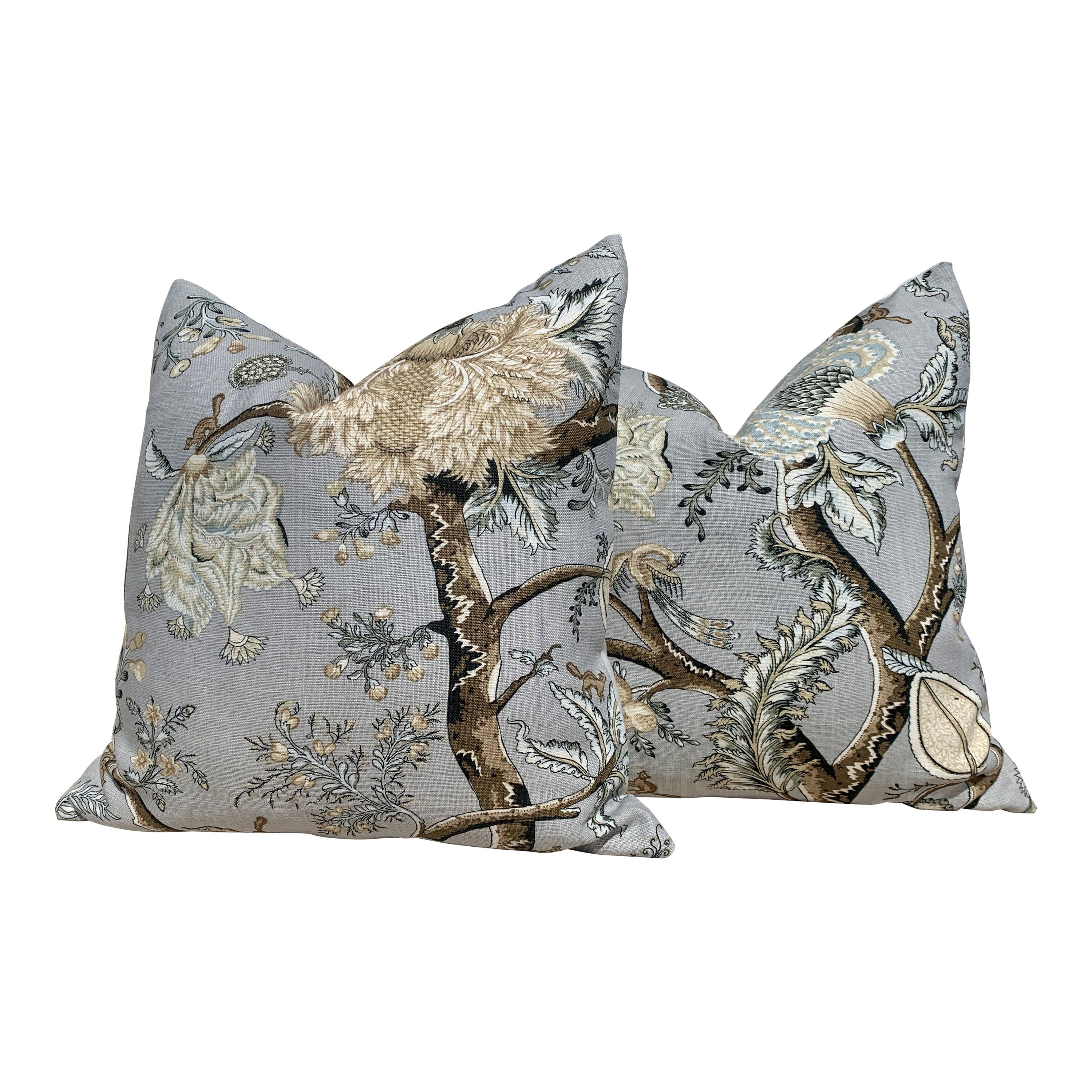 Scalamandre Pondicherry Floral Linen Pillow in Mineral. Lumbar Floral Pillow in Mineral.