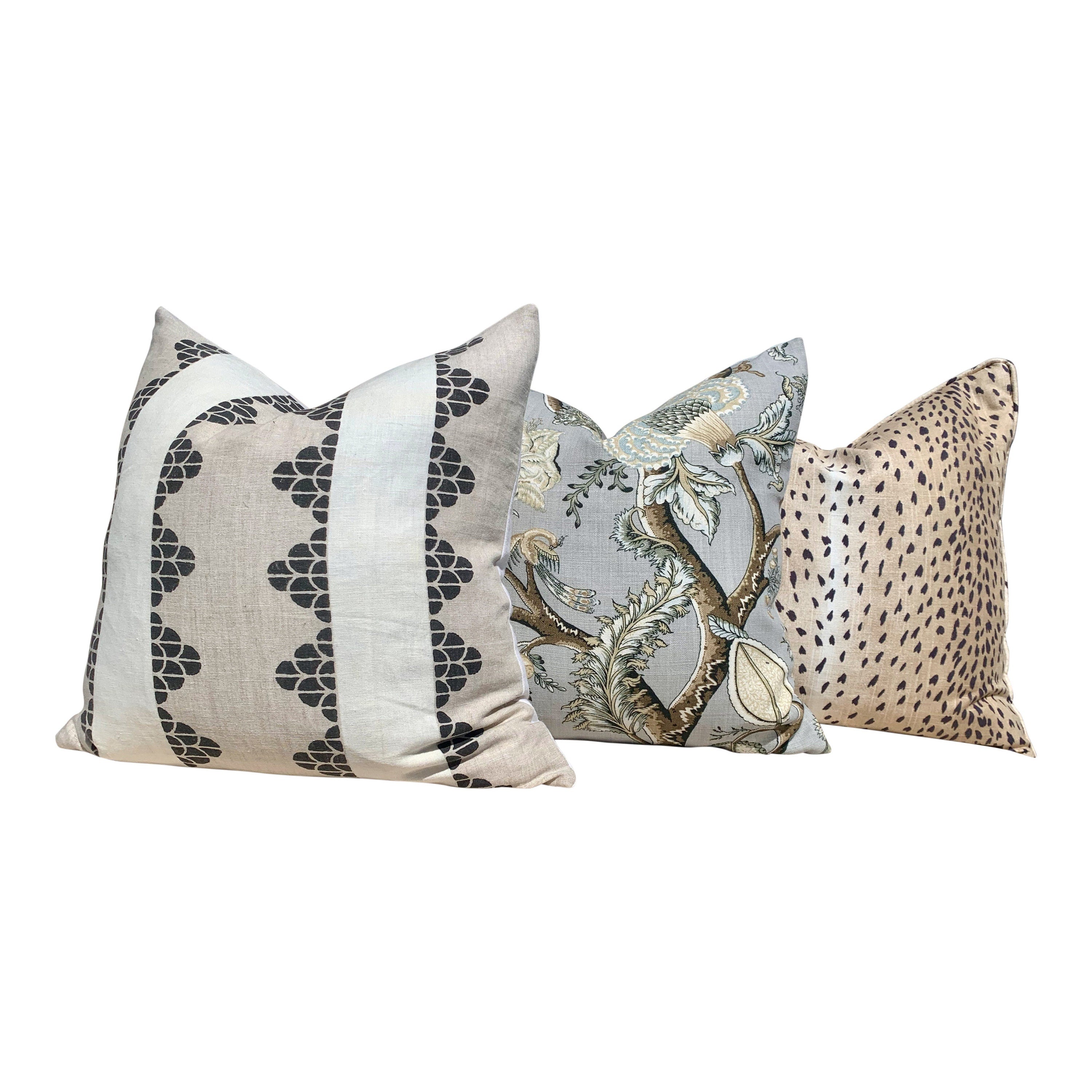 Scalamandre Pondicherry Floral Linen Pillow in Mineral. Lumbar Floral Pillow in Mineral.