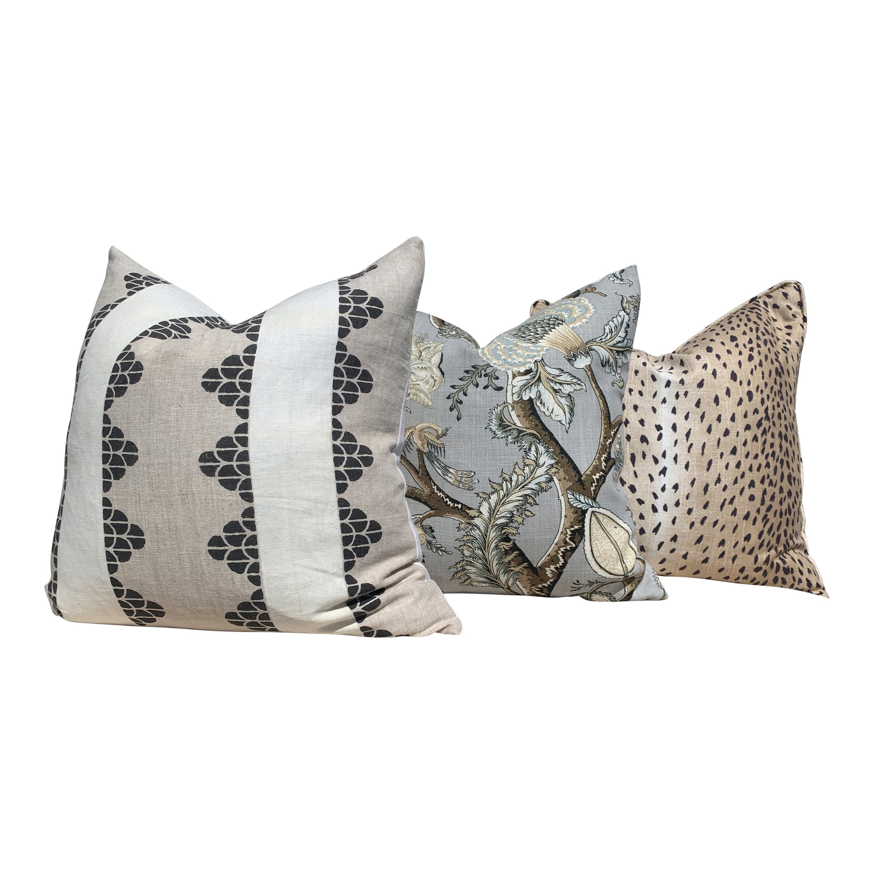 Scalamandre Pondicherry Floral Linen Pillow in Mineral. Lumbar Floral Pillow in Mineral.