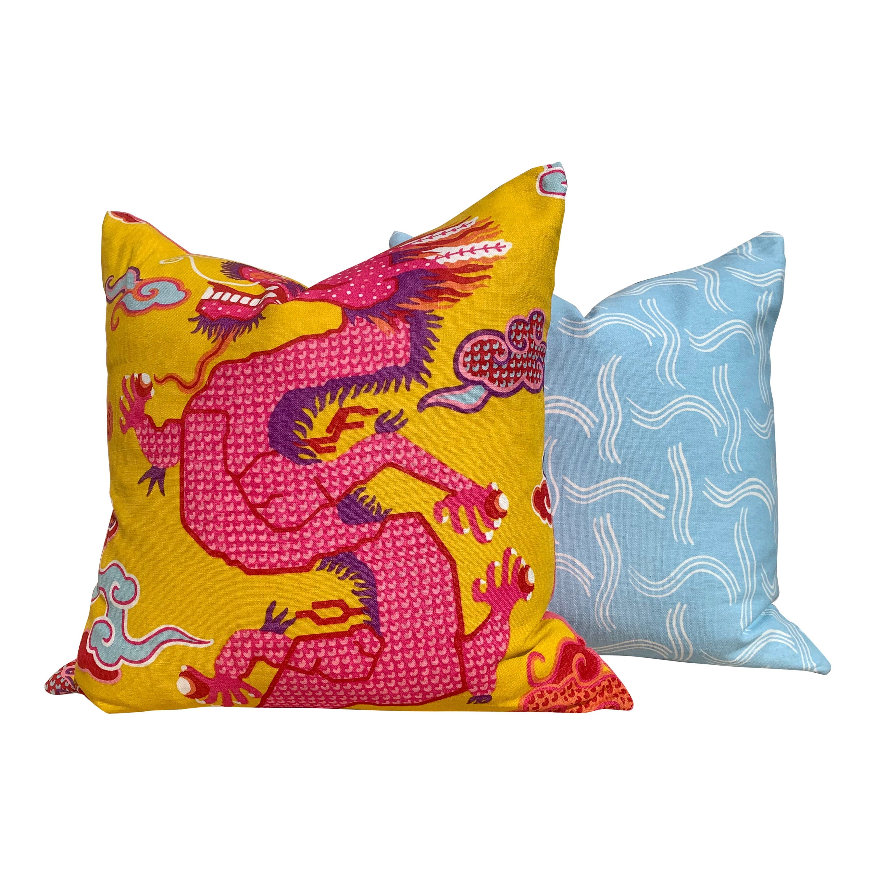 Schumacher Magical Ming Dragon Pillow in Hot Pink and Yellow. Accent Chinoiserie Pillow.
