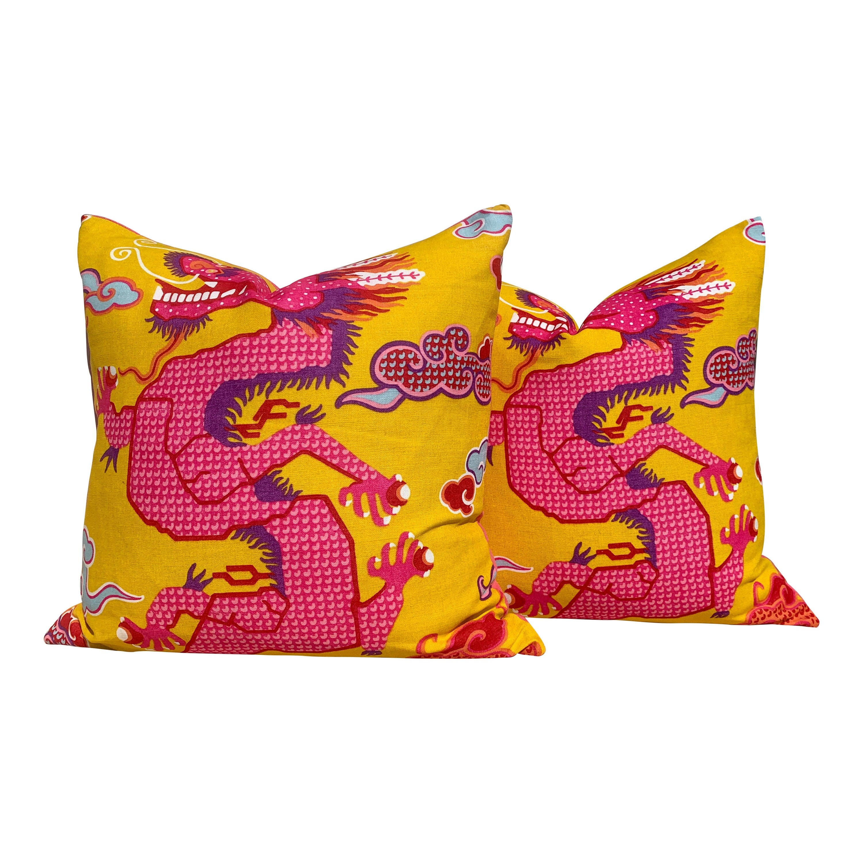 Schumacher Magical Ming Dragon Pillow in Hot Pink and Yellow. Accent Chinoiserie Pillow.