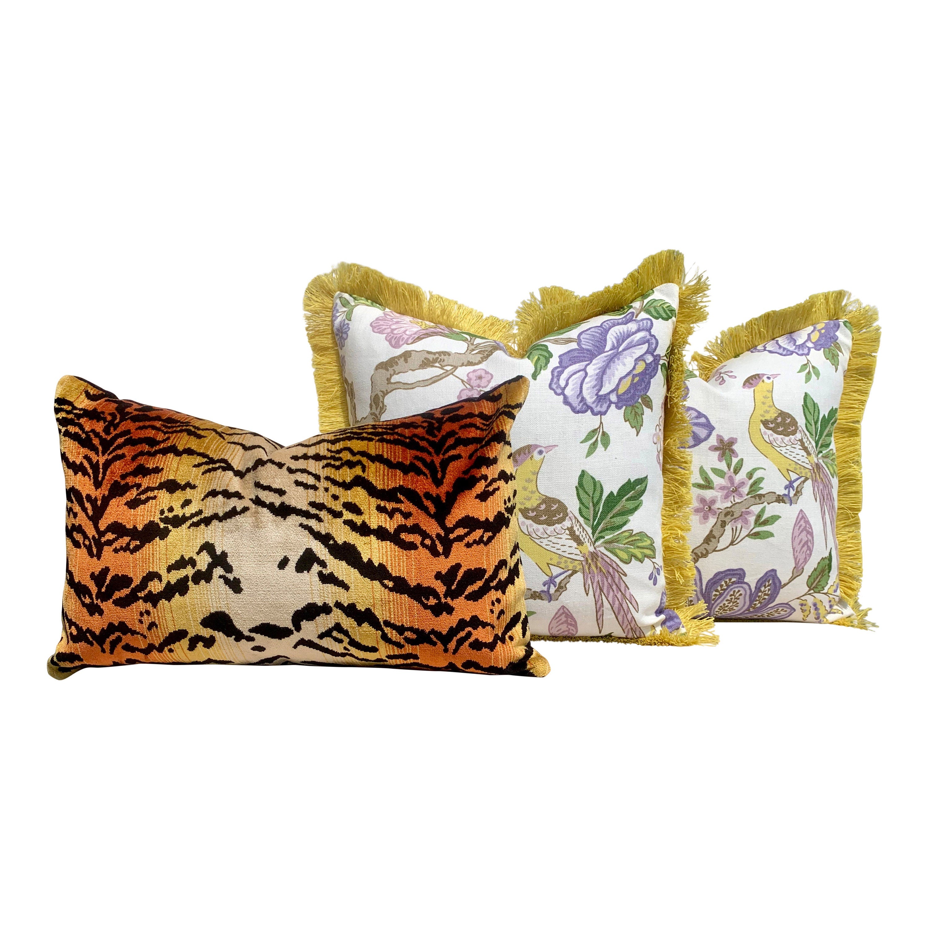 Schumacher Huntington Garden Pillow in Lilac. Decorative lumbar Pillow in Yellow.