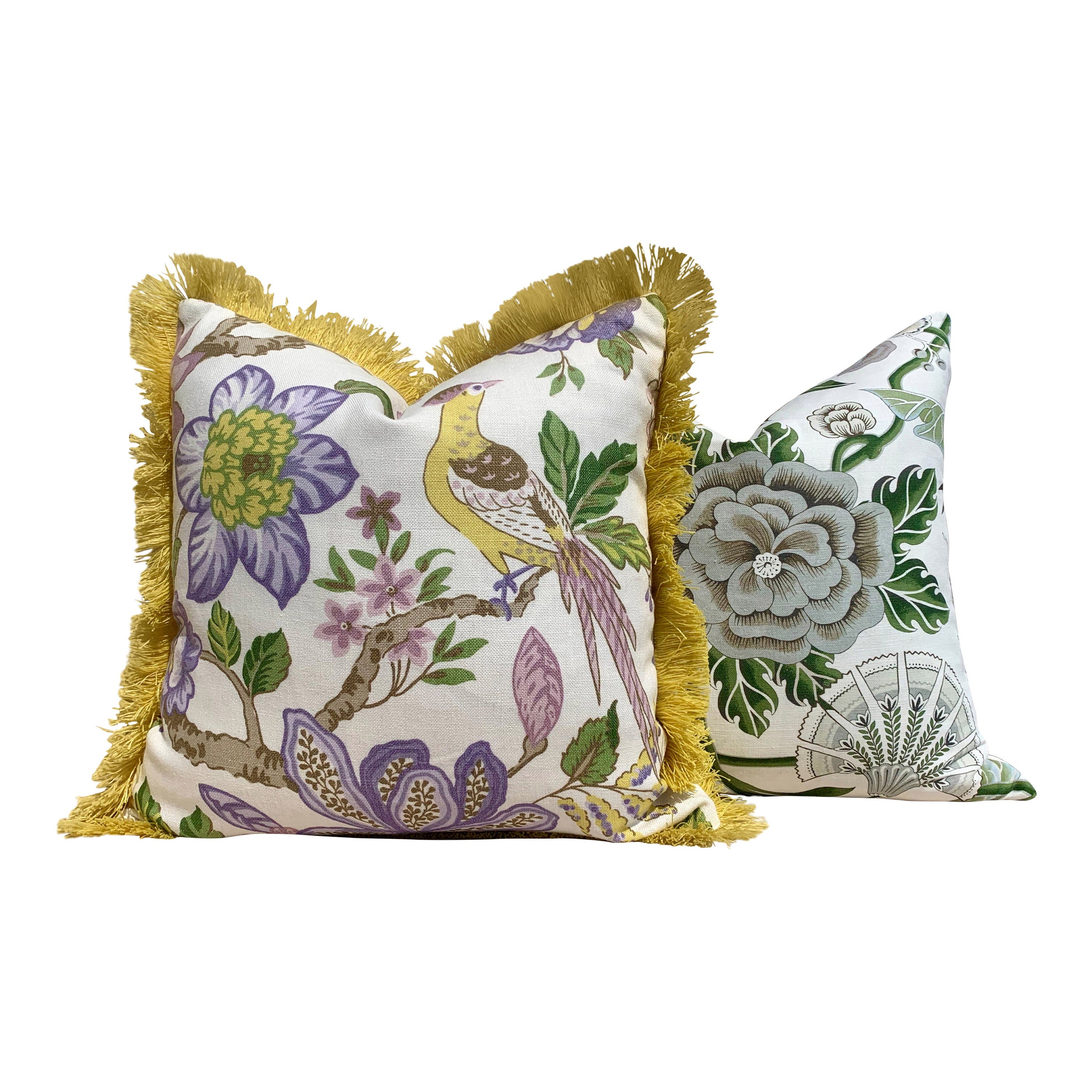 Schumacher Huntington Garden Pillow in Lilac. Decorative lumbar Pillow in Yellow.