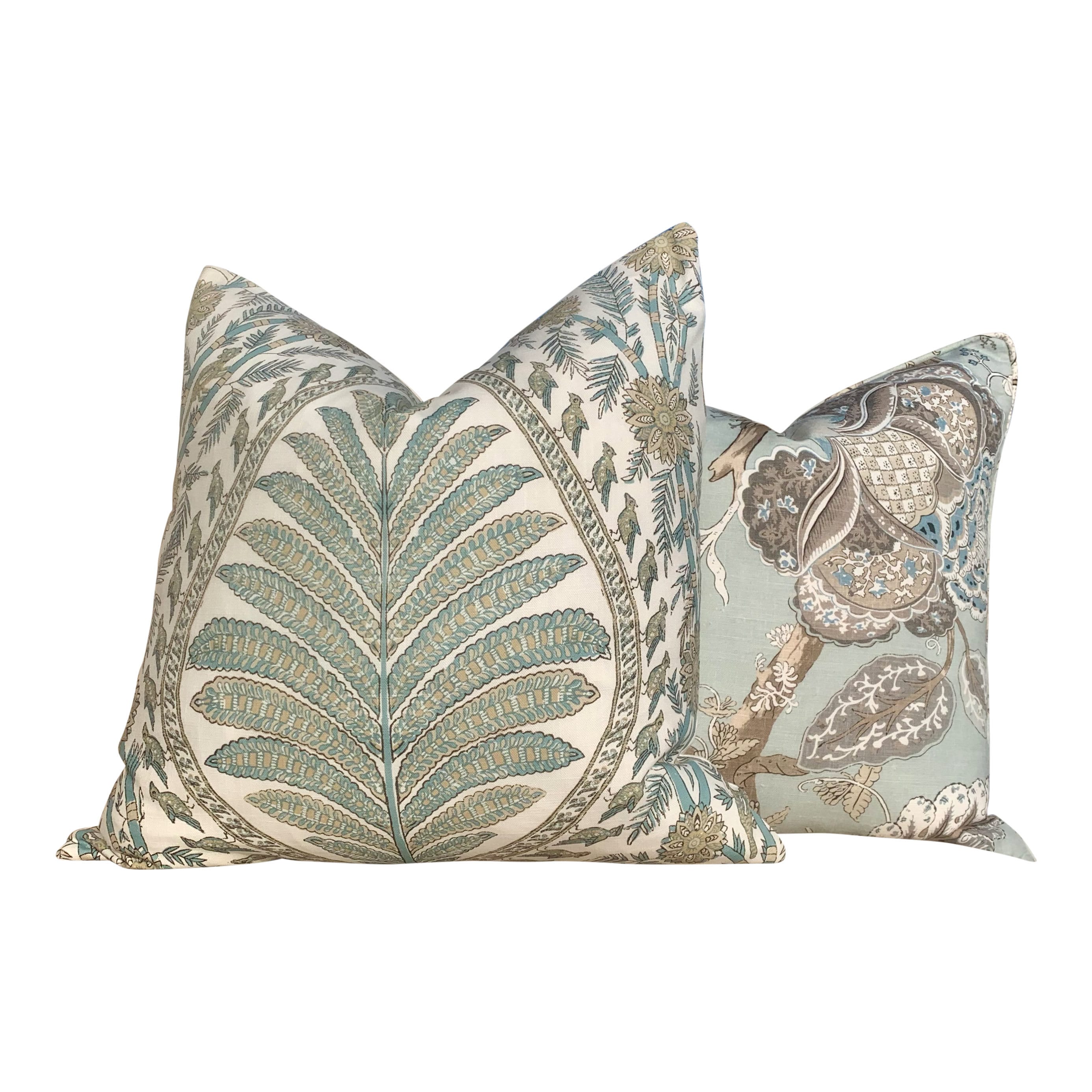 Thibaut Palampore Pillow in Spa and Tan. Lumbar Decorative Bird Pillow.