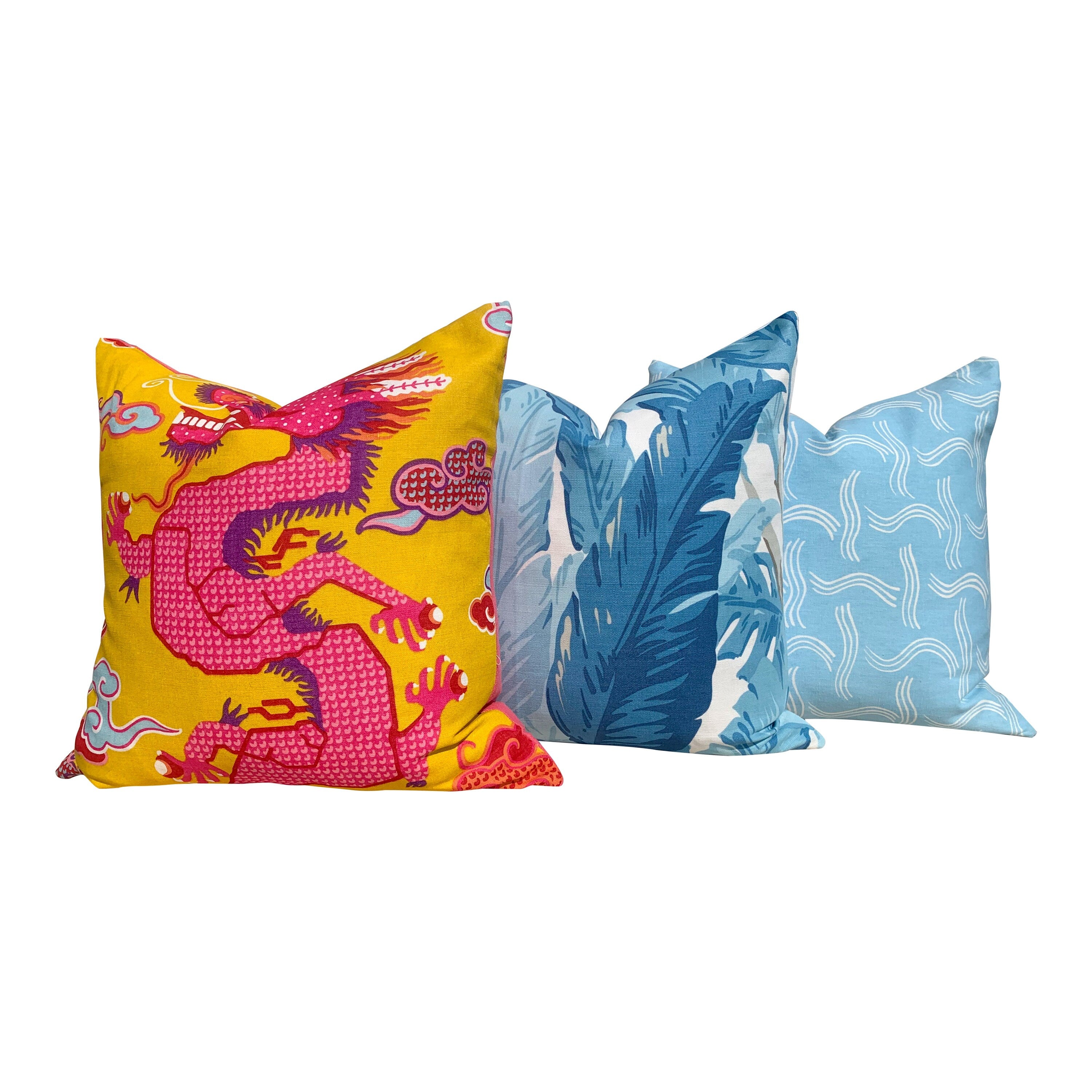 Schumacher Magical Ming Dragon Pillow in Hot Pink and Yellow. Accent Chinoiserie Pillow.