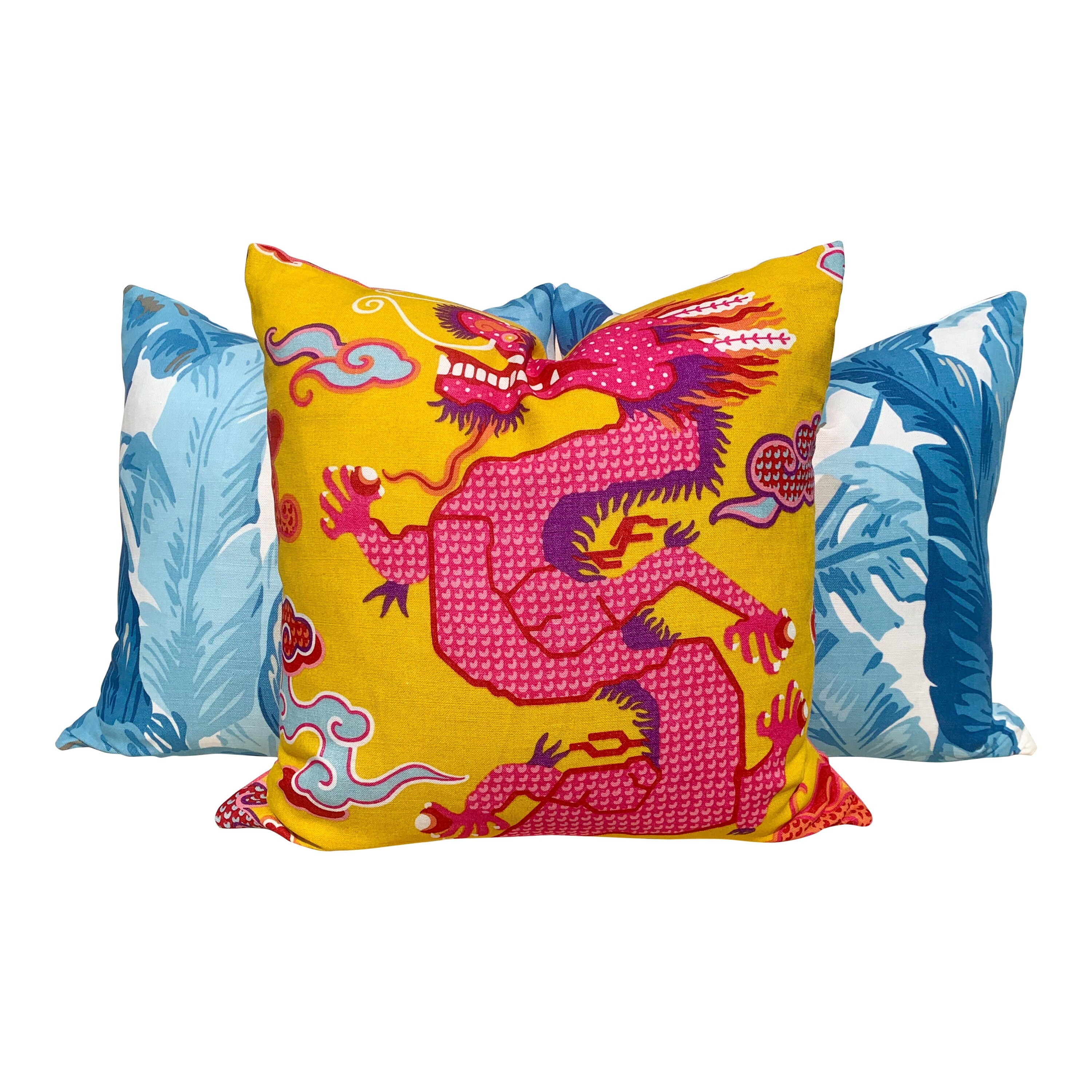 Schumacher Magical Ming Dragon Pillow in Hot Pink and Yellow. Accent Chinoiserie Pillow.