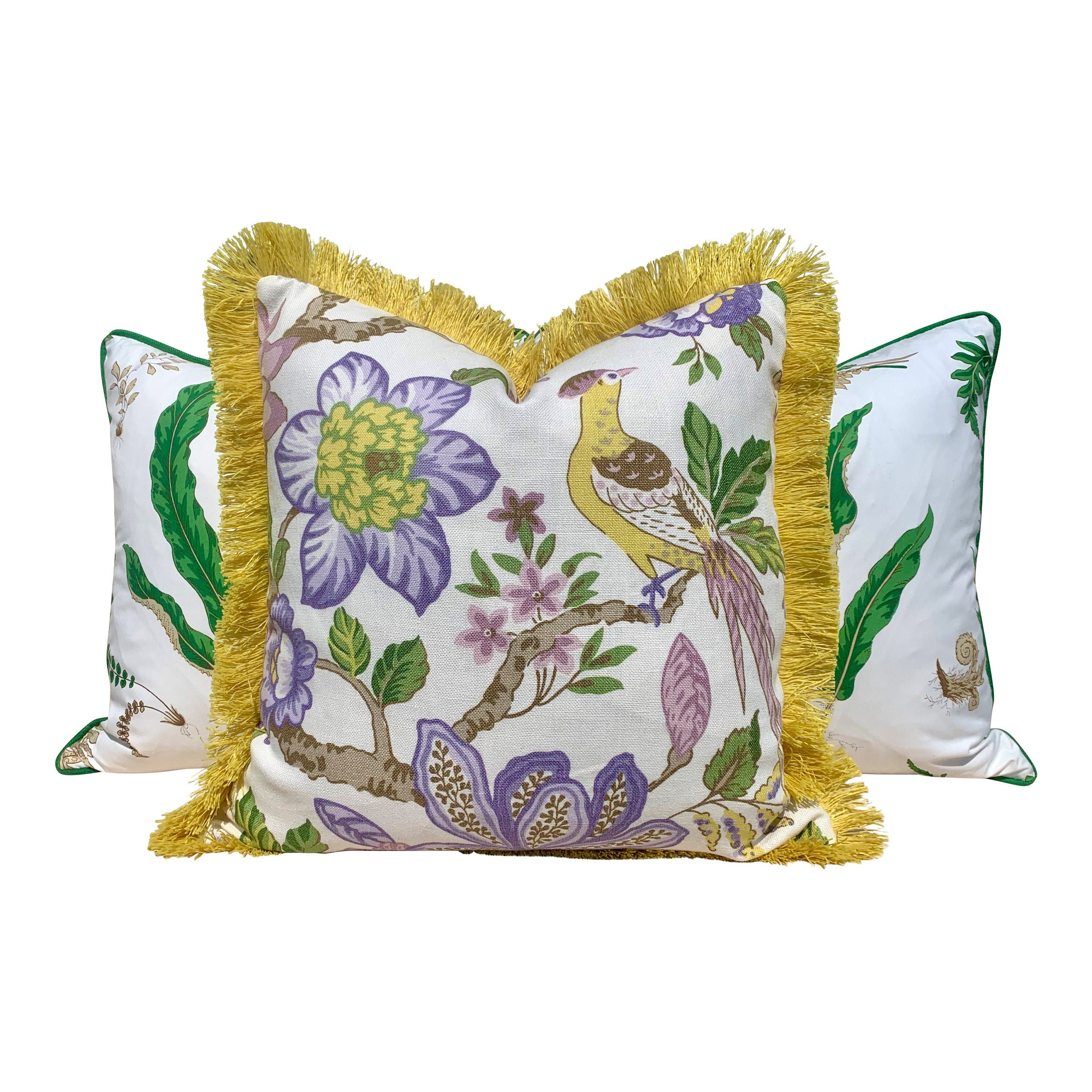 Schumacher Huntington Garden Pillow in Lilac. Decorative lumbar Pillow in Yellow.