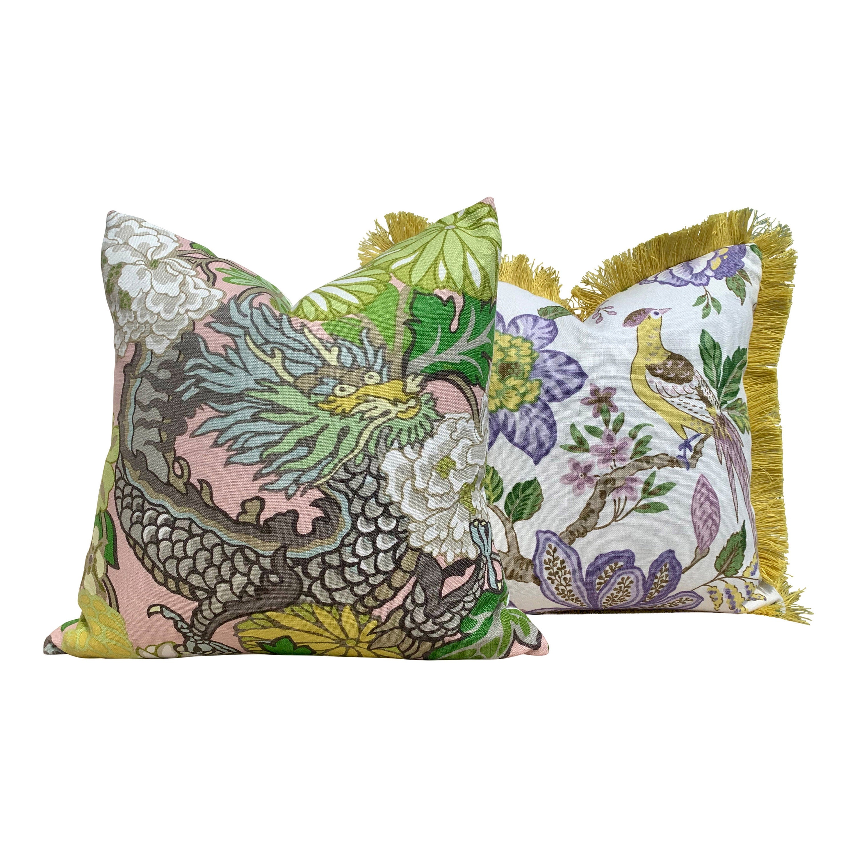 Schumacher Huntington Garden Pillow in Lilac. Decorative lumbar Pillow in Yellow.