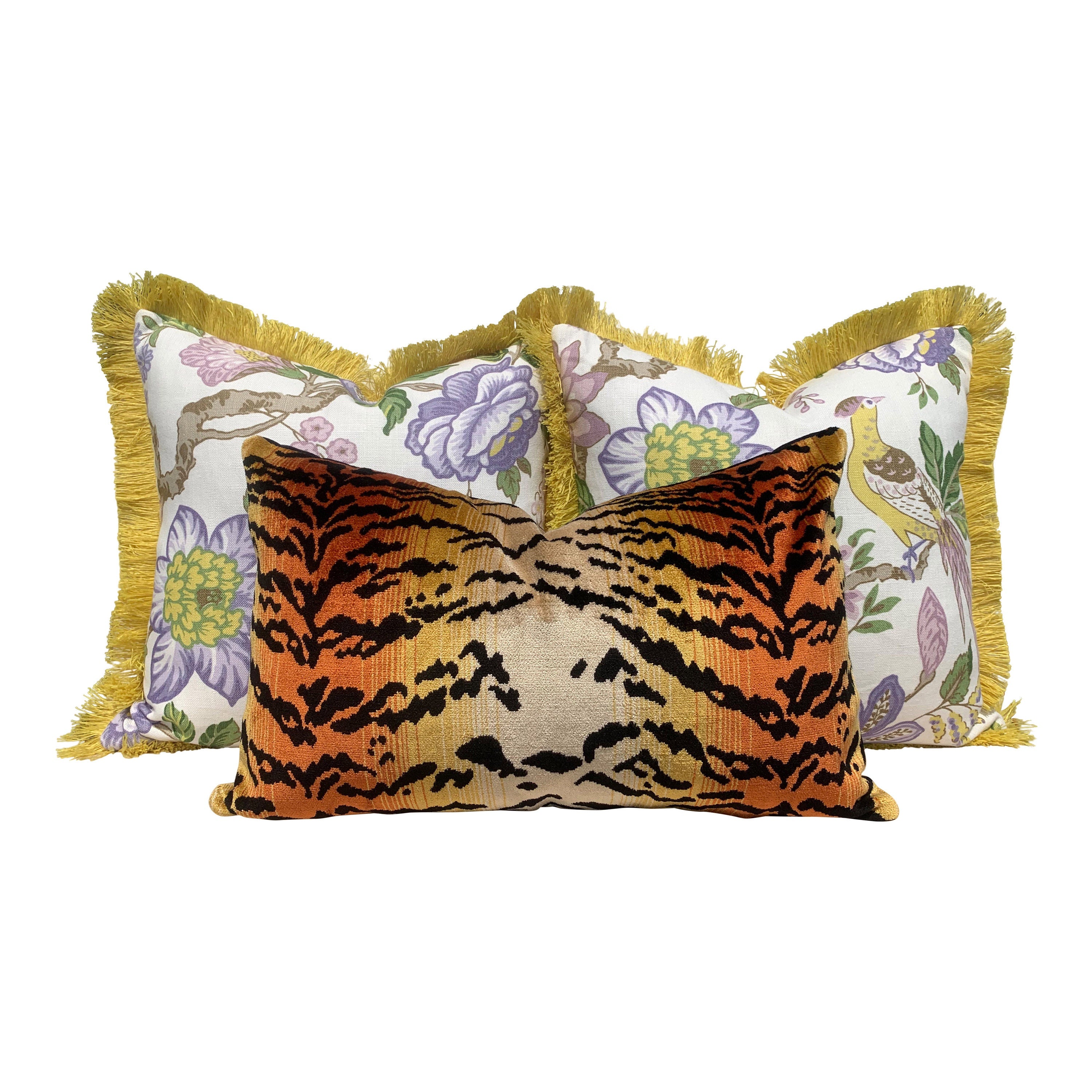 Schumacher Huntington Garden Pillow in Lilac. Decorative lumbar Pillow in Yellow.
