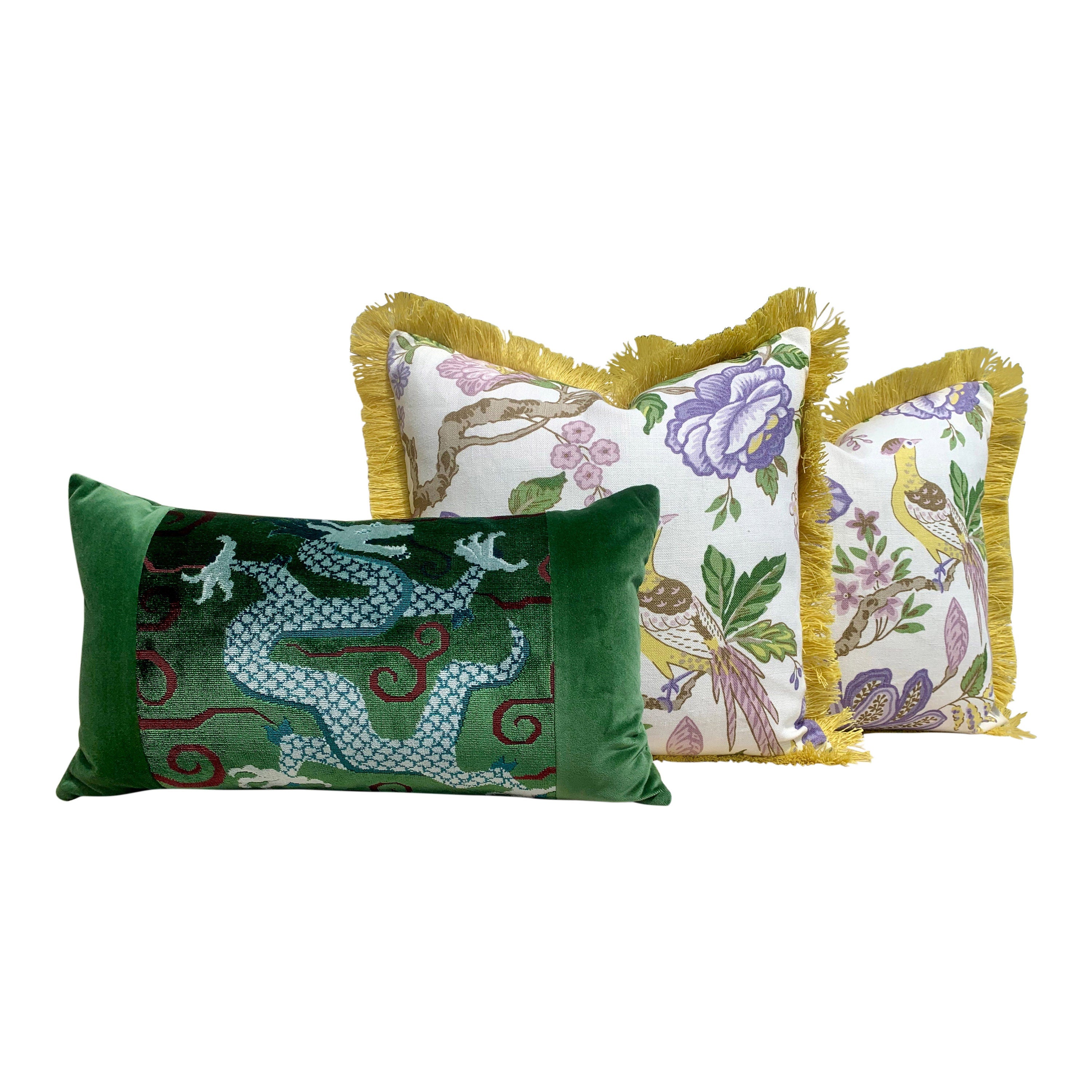 Schumacher Huntington Garden Pillow in Lilac. Decorative lumbar Pillow in Yellow.