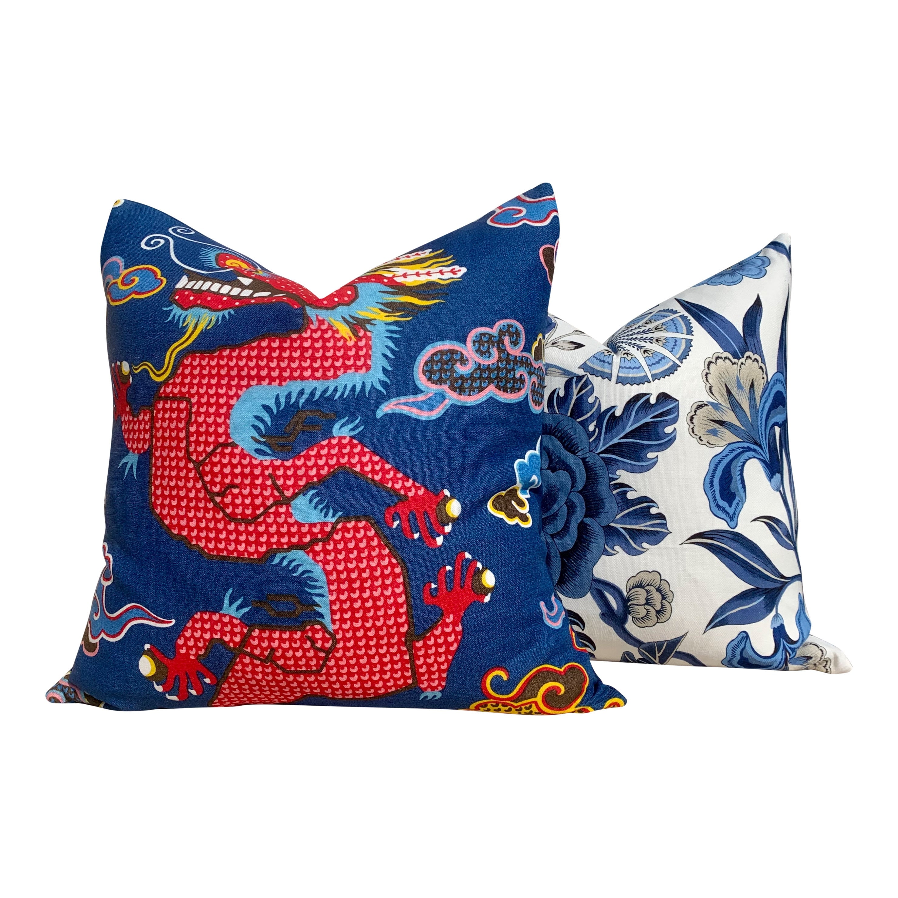 Schumacher Magical Ming Dragon Pillow, Red, Blue. Decorative pillow.Designer pillows, accent cushion cover, high end pillow