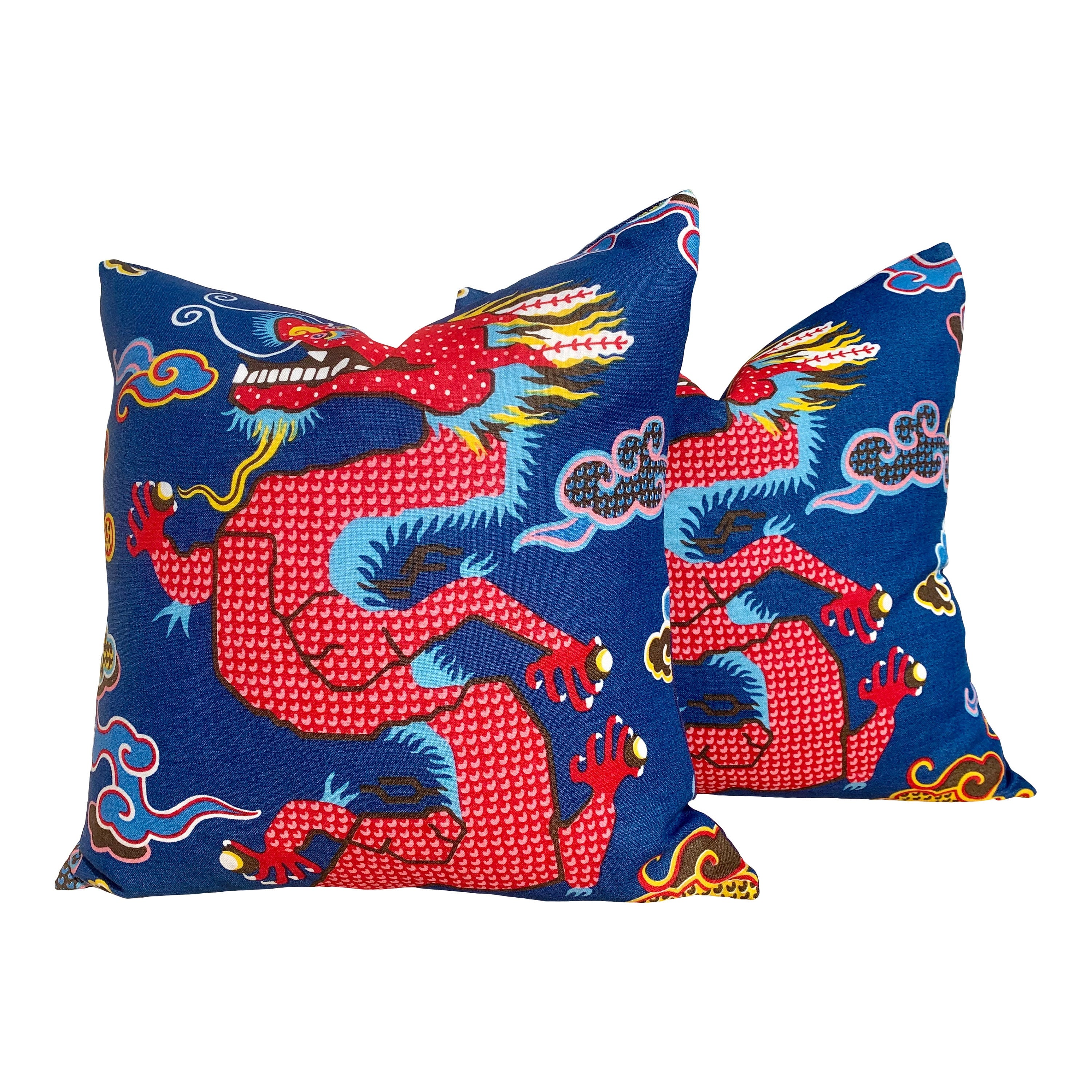 Schumacher Magical Ming Dragon Pillow, Red, Blue. Decorative pillow.Designer pillows, accent cushion cover, high end pillow
