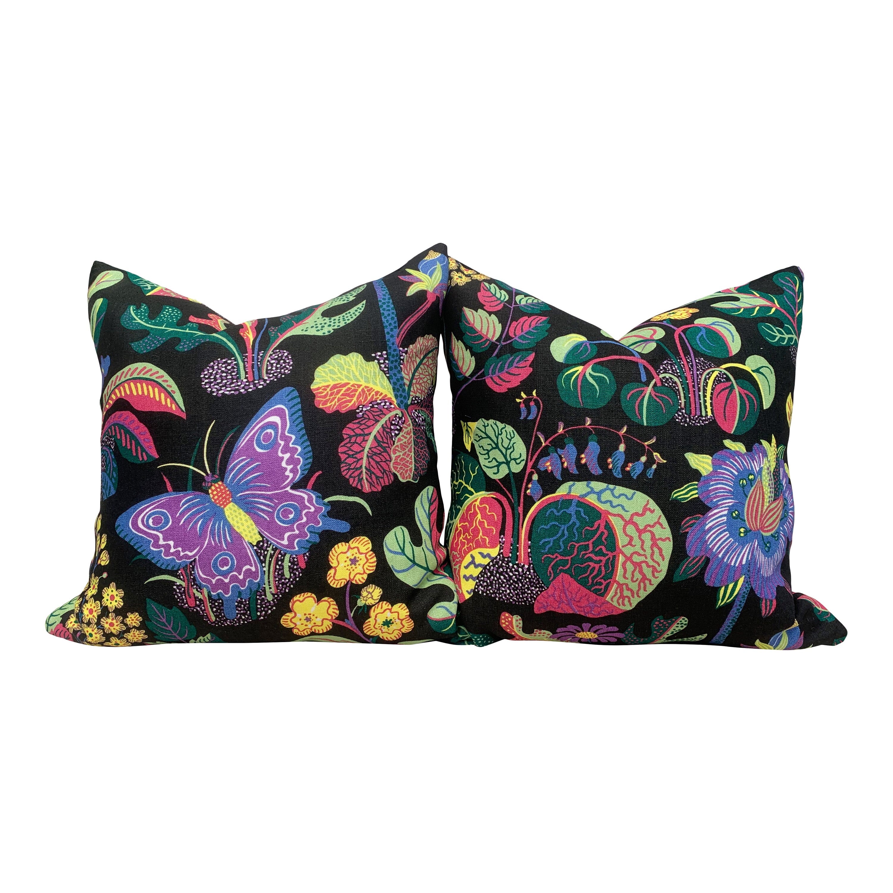 Schumacher Magical Garden Pillow in Purple and Black. Accent Lumbar Pillow in Black and Lilac.