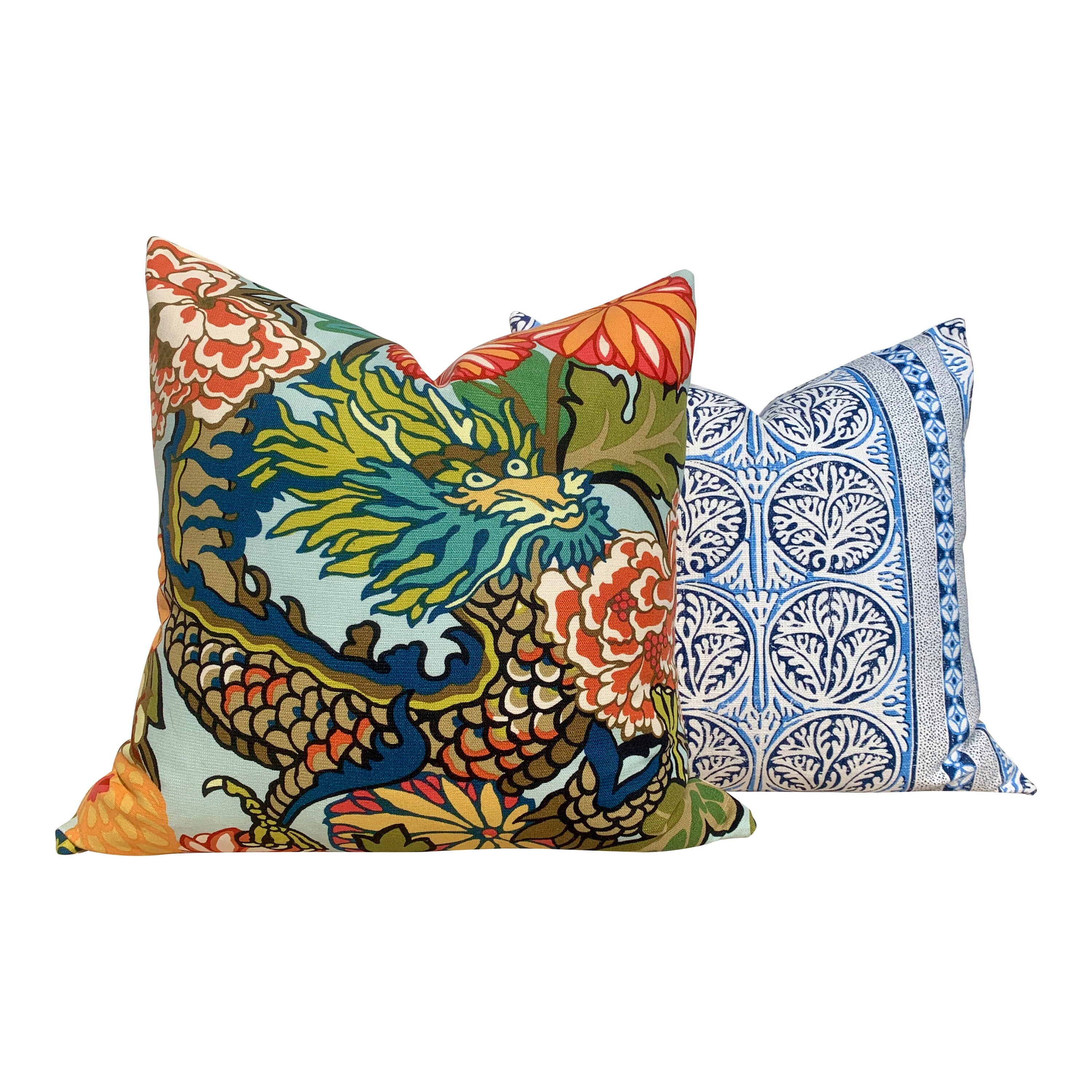 Schumacher Chang Mai Dragon Pillow in Aquamarine. Chinoiserie Accent Lumbar Linen Pillow, Aqua Blue Dragon Cushion Cover, Animal Print Decor