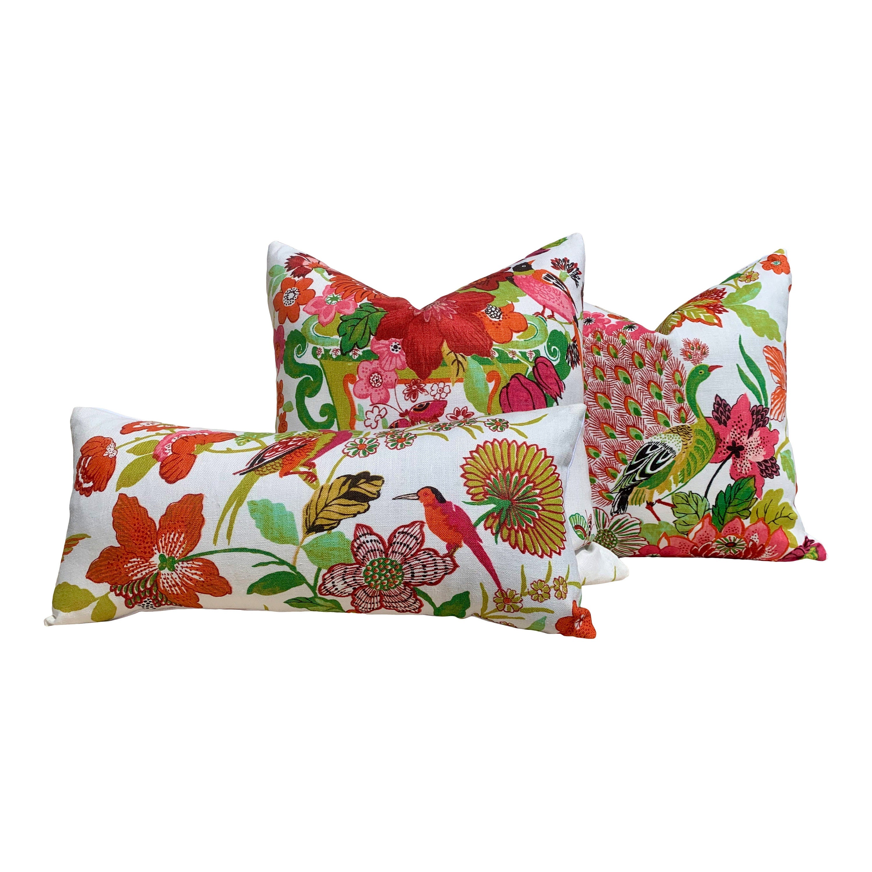 Lansdale Bouquet Pillow Red, Green and Pink. Lumbar Decorative Pillow, Designer pillows, accent cushion cover, high end pillow cover