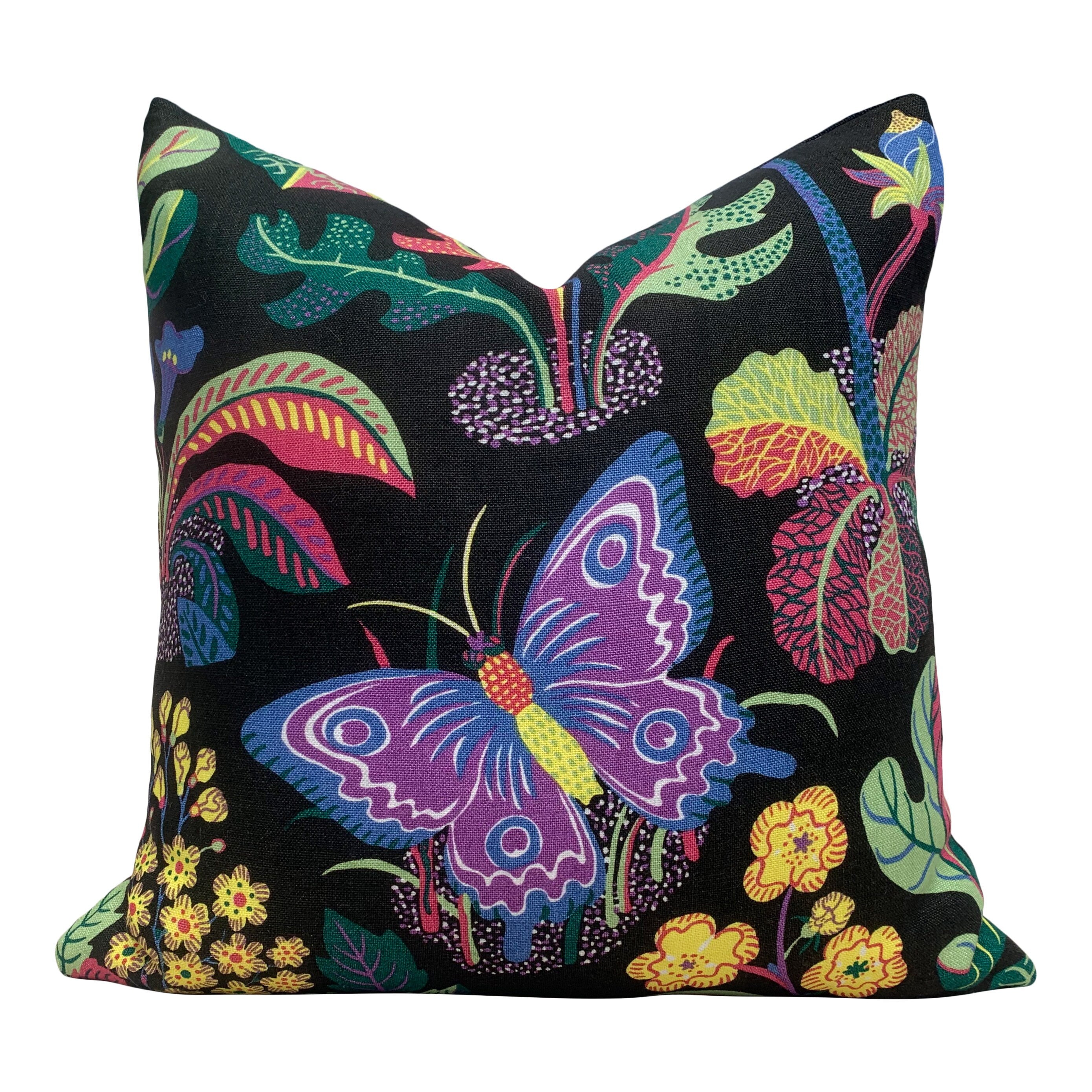Schumacher Magical Garden Pillow in Purple and Black. Accent Lumbar Pillow in Black and Lilac.