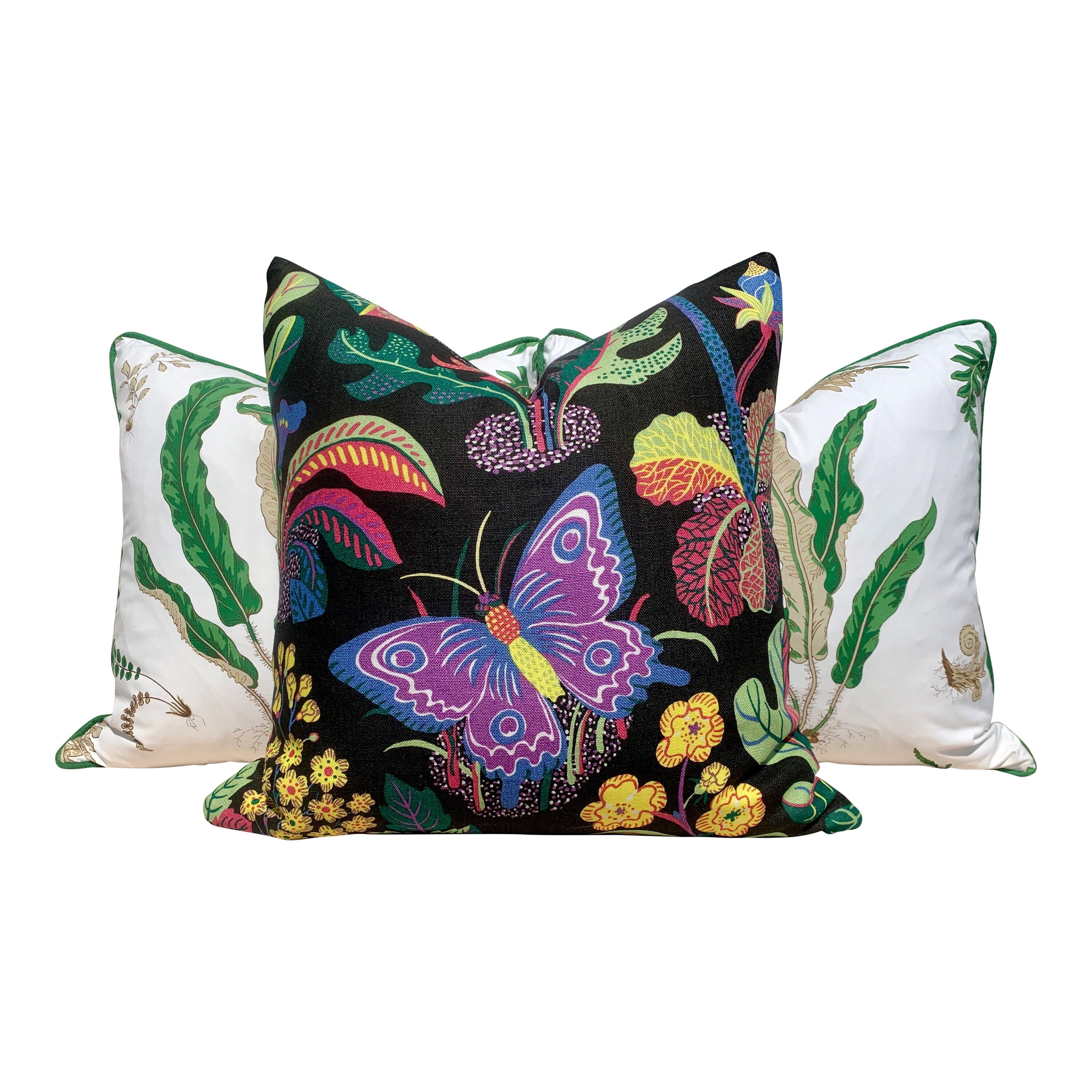 Schumacher Magical Garden Pillow in Purple and Black. Accent Lumbar Pillow in Black and Lilac.