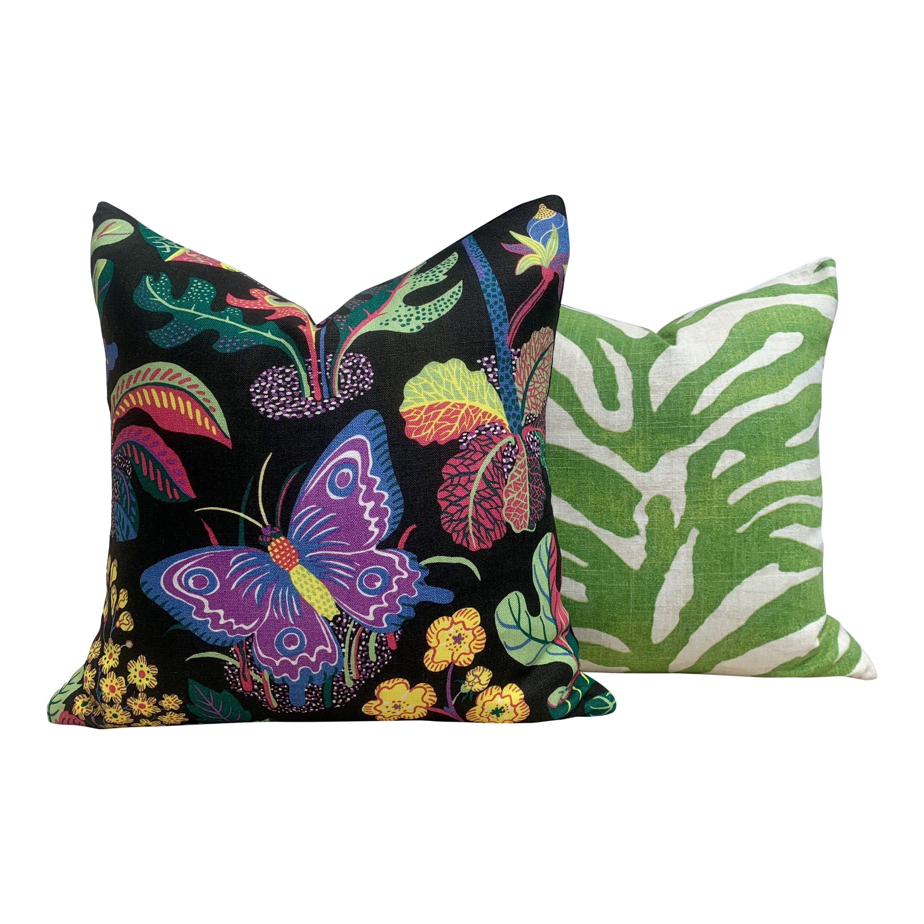 Schumacher Magical Garden Pillow in Purple and Black. Accent Lumbar Pillow in Black and Lilac.