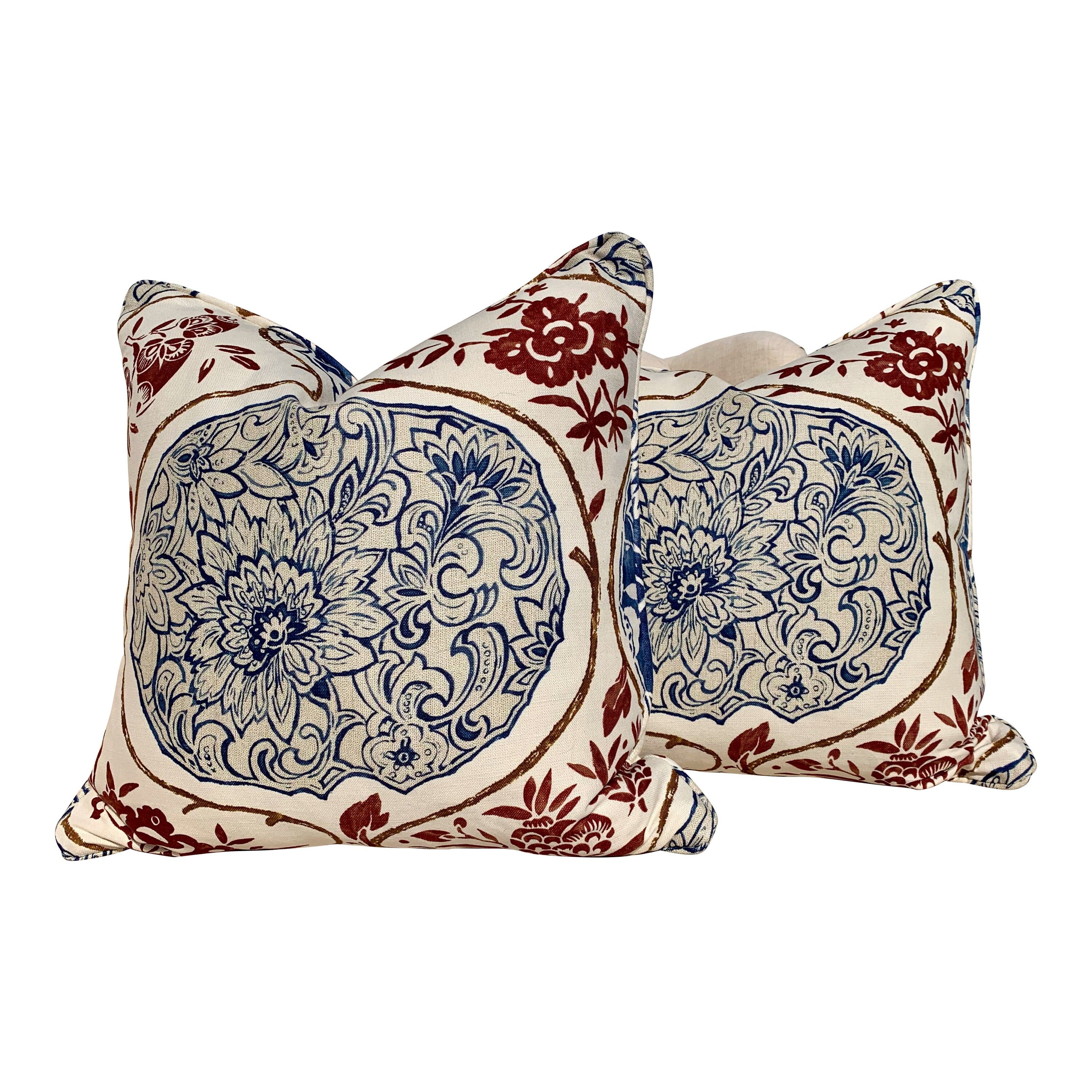 Schumacher Katsugi Pillow in Indigo and Cinnabar. Decorative Medallion Pillow, Navy. Designer Lumbar Pillow Accent Pillow Cover Toss throw