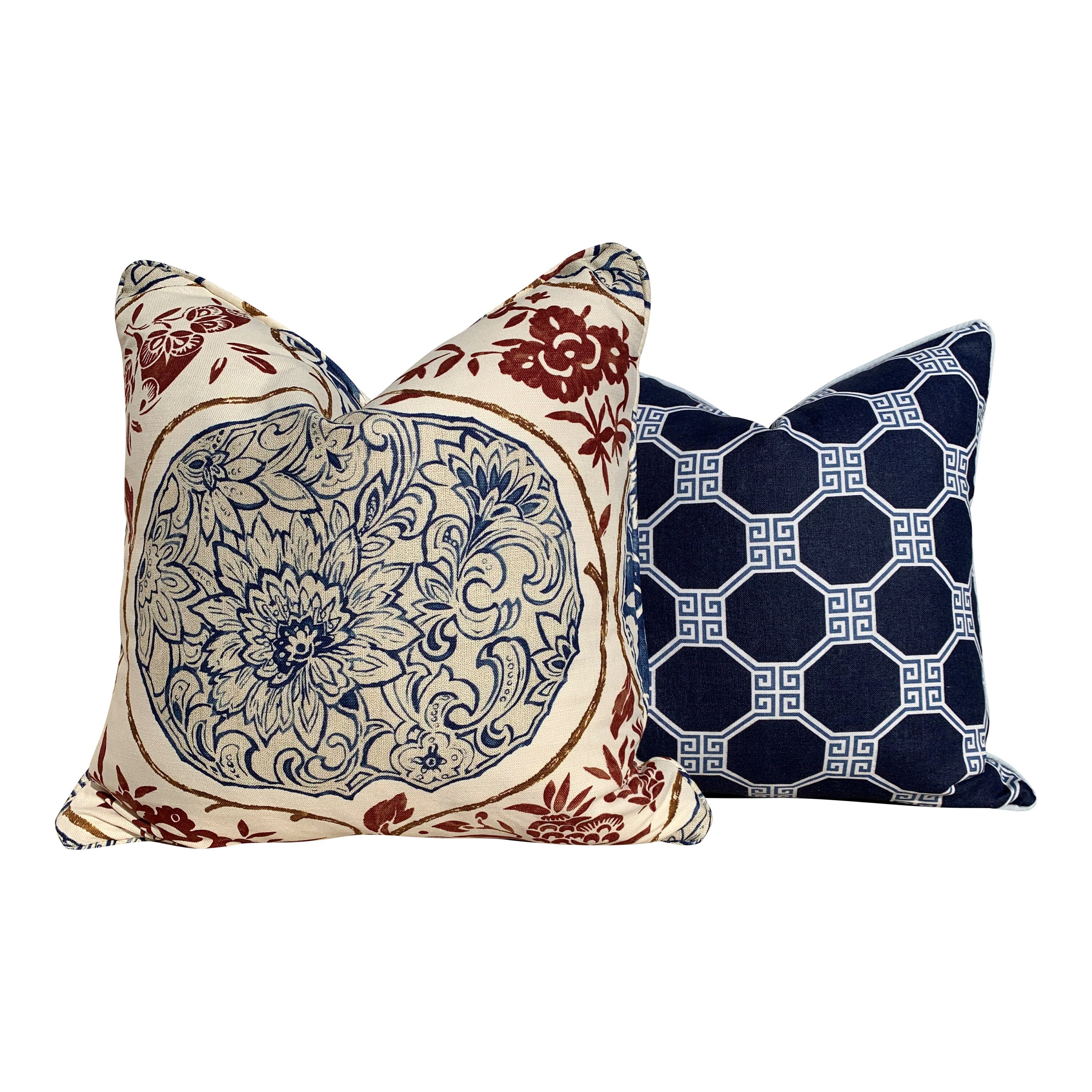 Schumacher Katsugi Pillow in Indigo and Cinnabar. Decorative Medallion Pillow, Navy. Designer Lumbar Pillow Accent Pillow Cover Toss throw