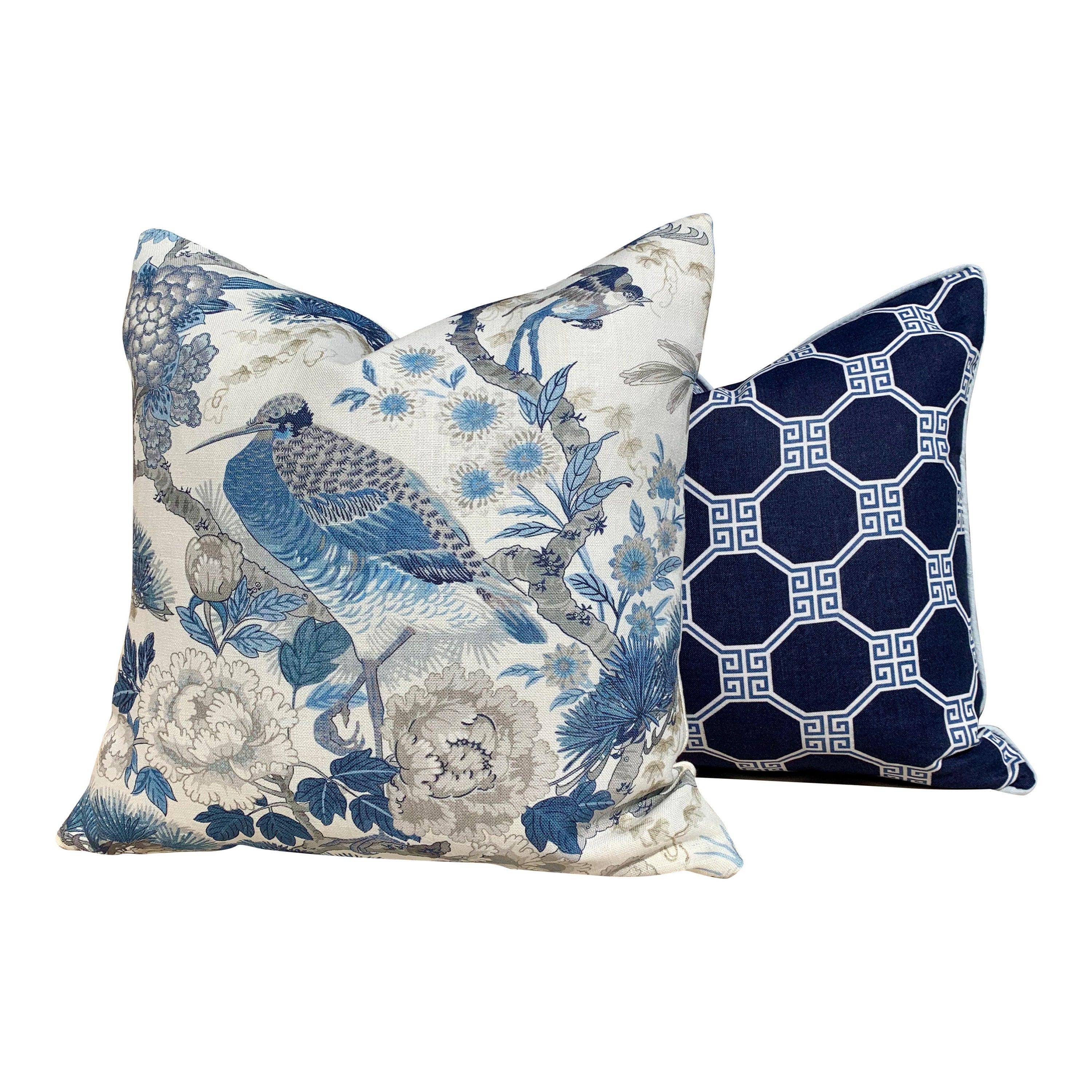 Scalamandre Shenyang Pillow Porcelain Blue. Chinoserie Accent Decorative Pillow Cushion Cover Case Floral Lumbar pillow Bird Pin Blue white